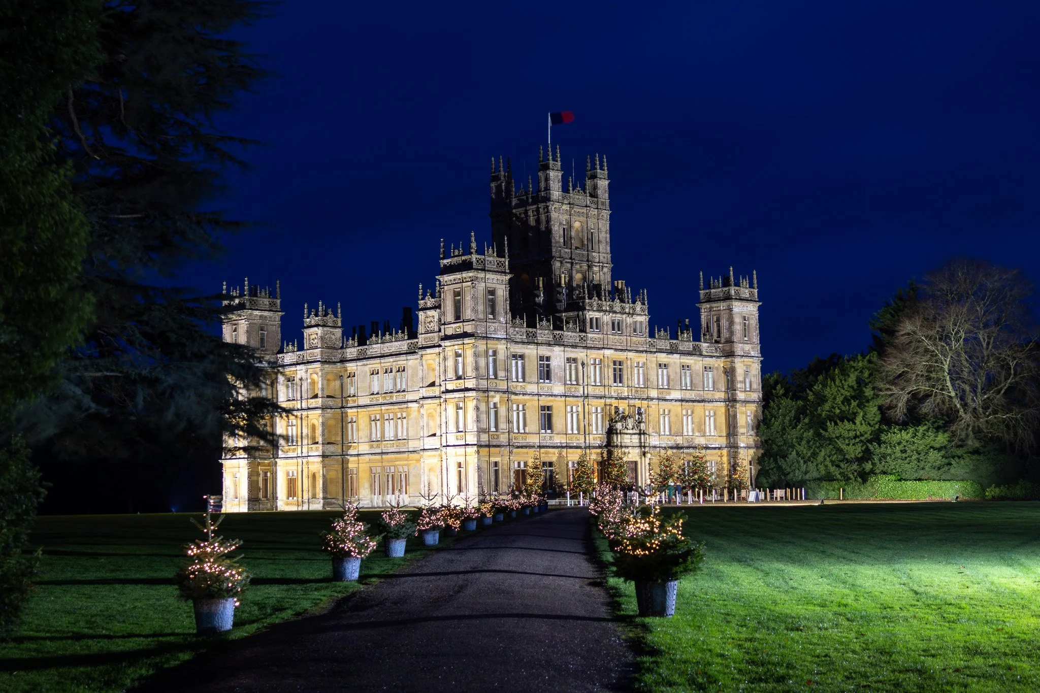 A large historic castle illuminated at night, with a path lined with potted Christmas trees decorated with lights leading up to it, and trees on either side.