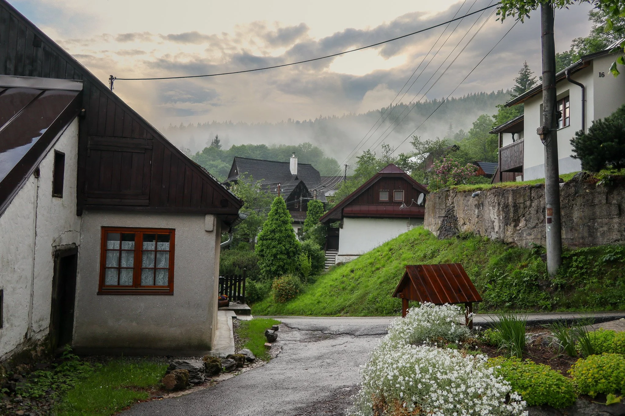 A scenic view of a rural village with houses, a winding road, greenery, and misty mountains in the background on a cloudy day.