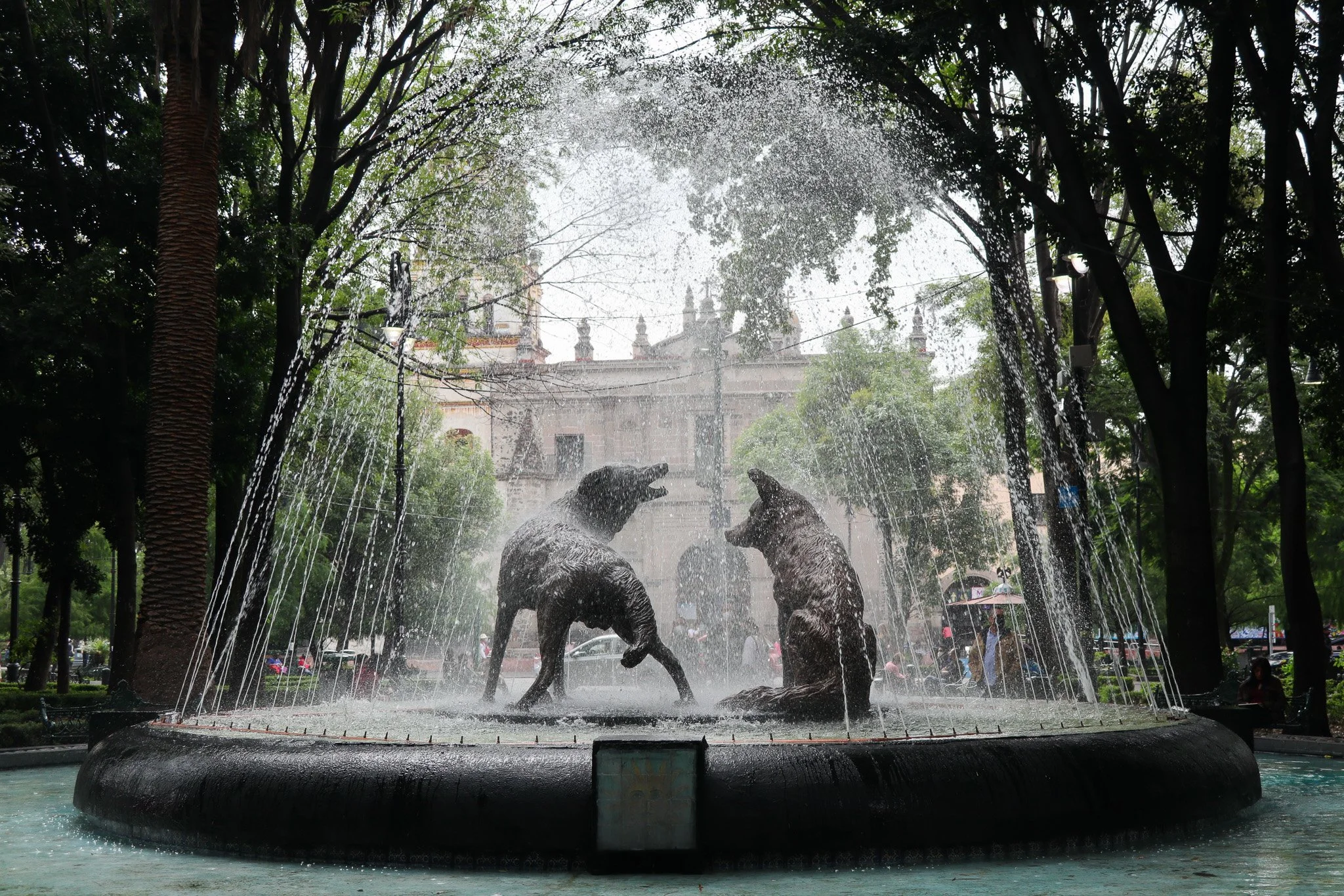 Statue of two dogs in the center of a fountain, water spraying in an arc, with trees and a building in the background.