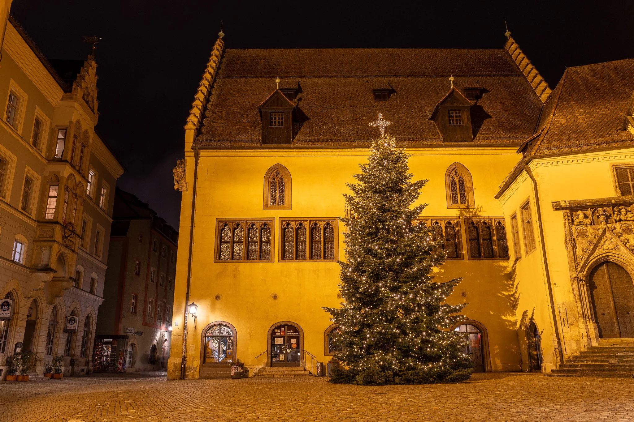 A decorated Christmas tree with lights and a star on top is placed in front of a historic building with gothic windows at night. The building's facade is illuminated, and surrounding buildings are also visible.