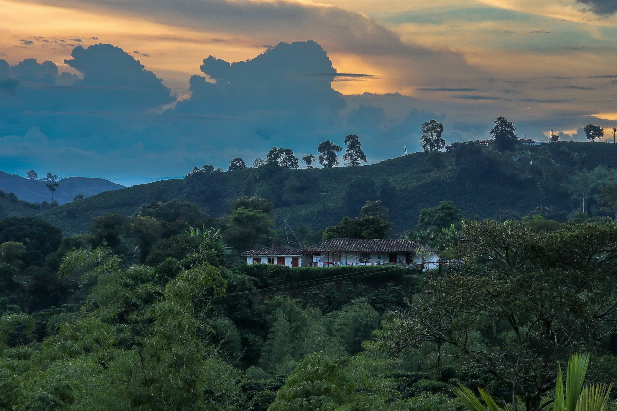 A house on a hill surrounded by lush green trees and mountains in the background during sunset.