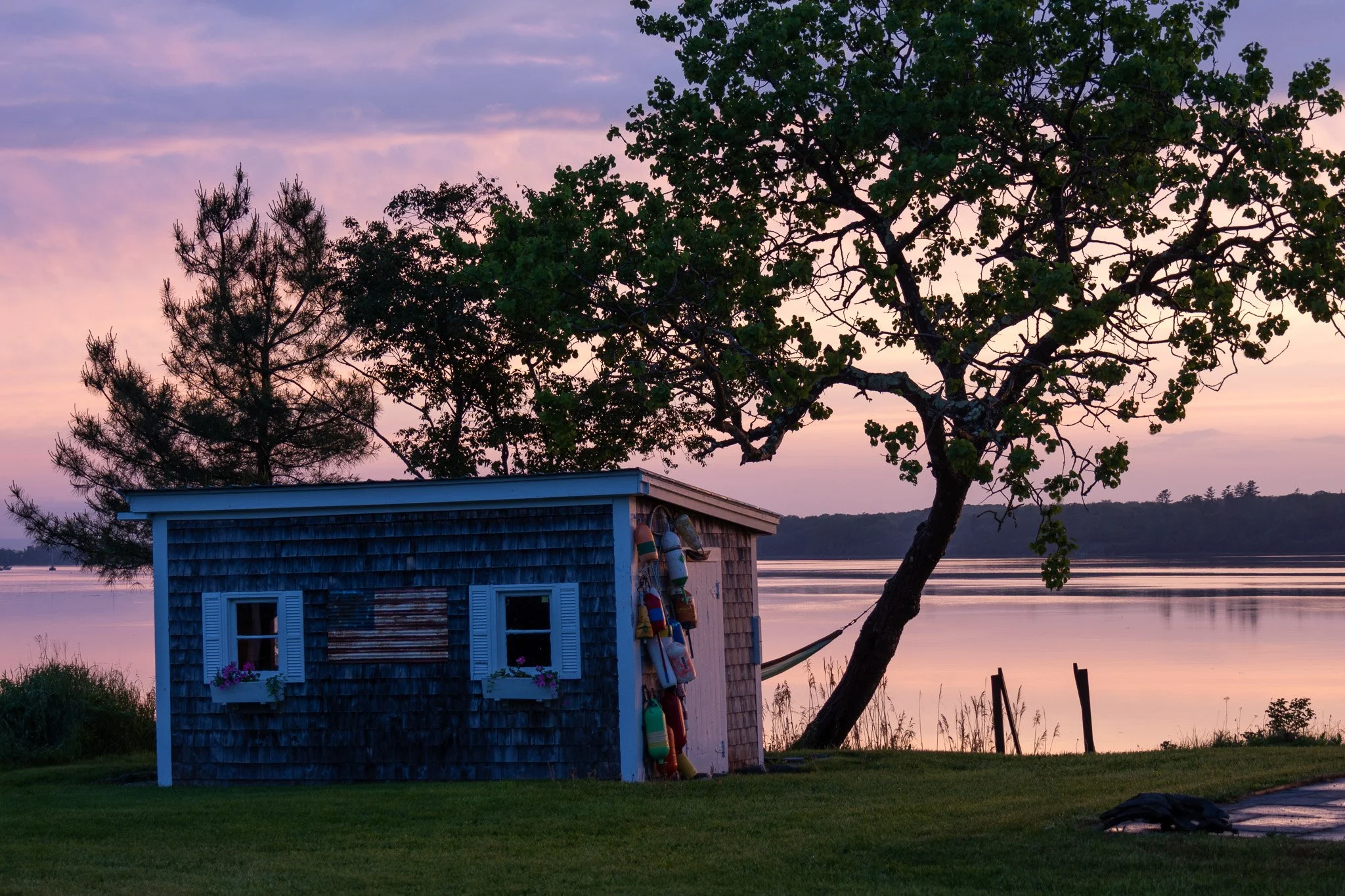 A small wooden shed with two windows and flower boxes, next to a tree with a hammock tied to it, overlooking a calm lake at sunset.