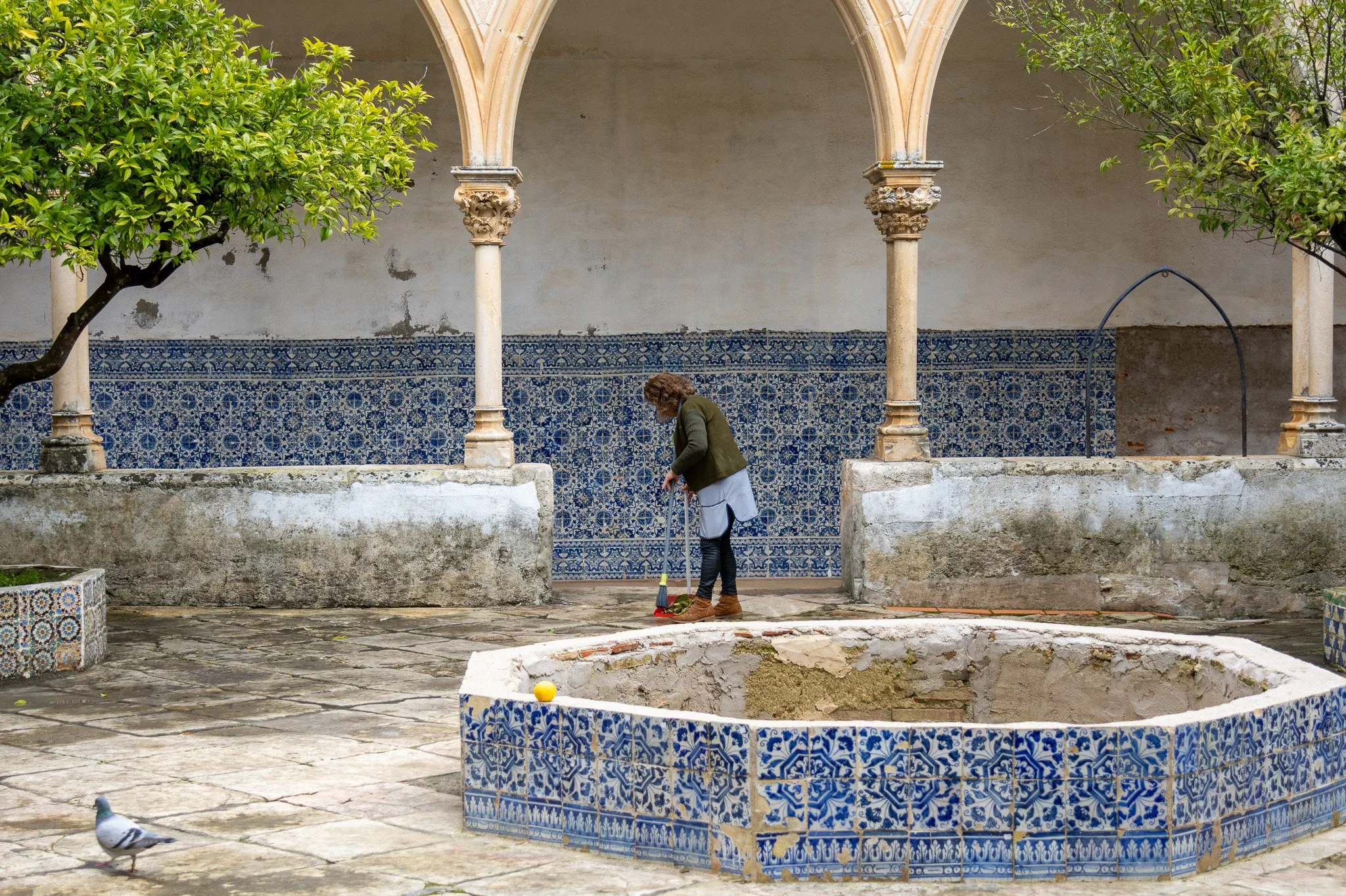 A person cleaning a fountain with a broom in a courtyard with tiled walls and arches, a tree on the left, and a pigeon on the ground.