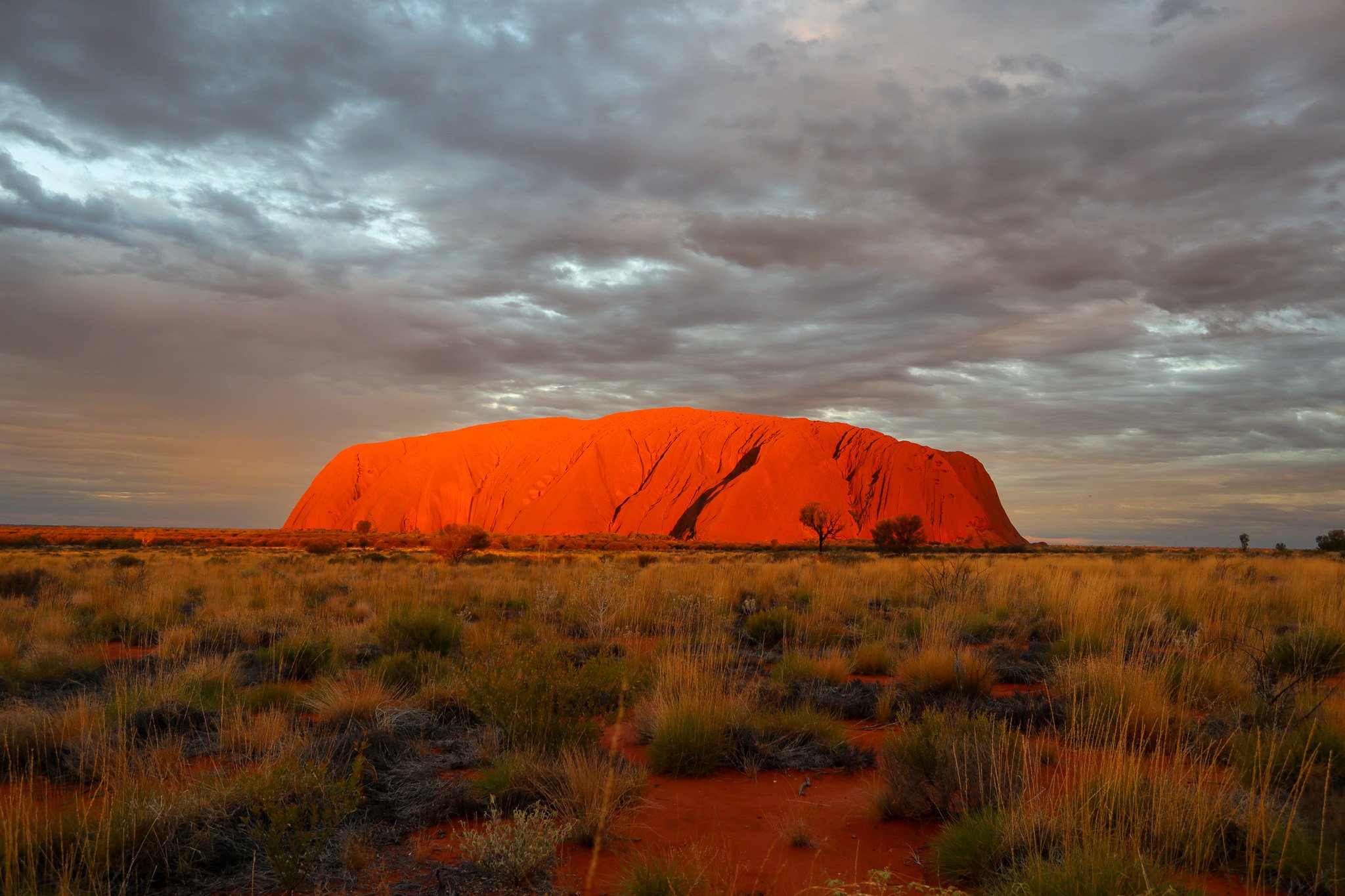 A large sandstone formation, Uluru, in the Australian desert with sparse grass and few small trees, under a cloudy sky.