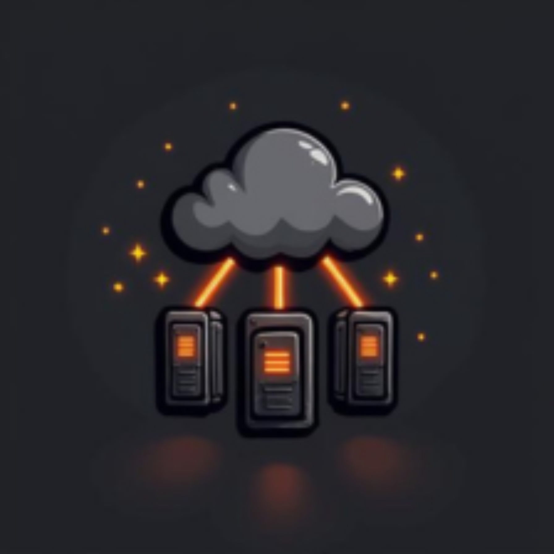 A digital illustration of a dark cloud with lightning bolts connected to three server racks below, with glowing orange accents and sparkles.