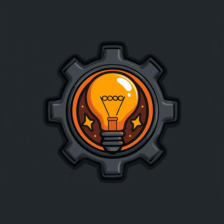 Bright light bulb with gears inside, surrounded by a gear outline, on a dark background.