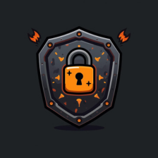 A digital illustration of a shield with a padlock in the center, surrounded by a dark background with orange accents and small flames.