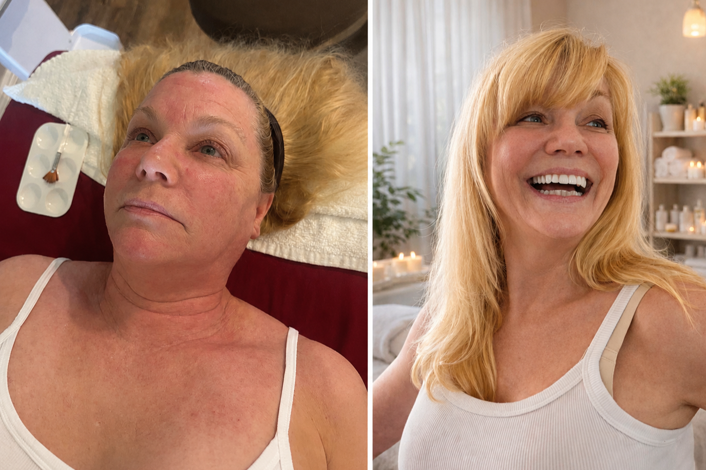 A before-and-after comparison of a woman undergoing a facial treatment; left side shows the woman lying down with a redness of the face, right side shows her smiling with clear, glowing skin.