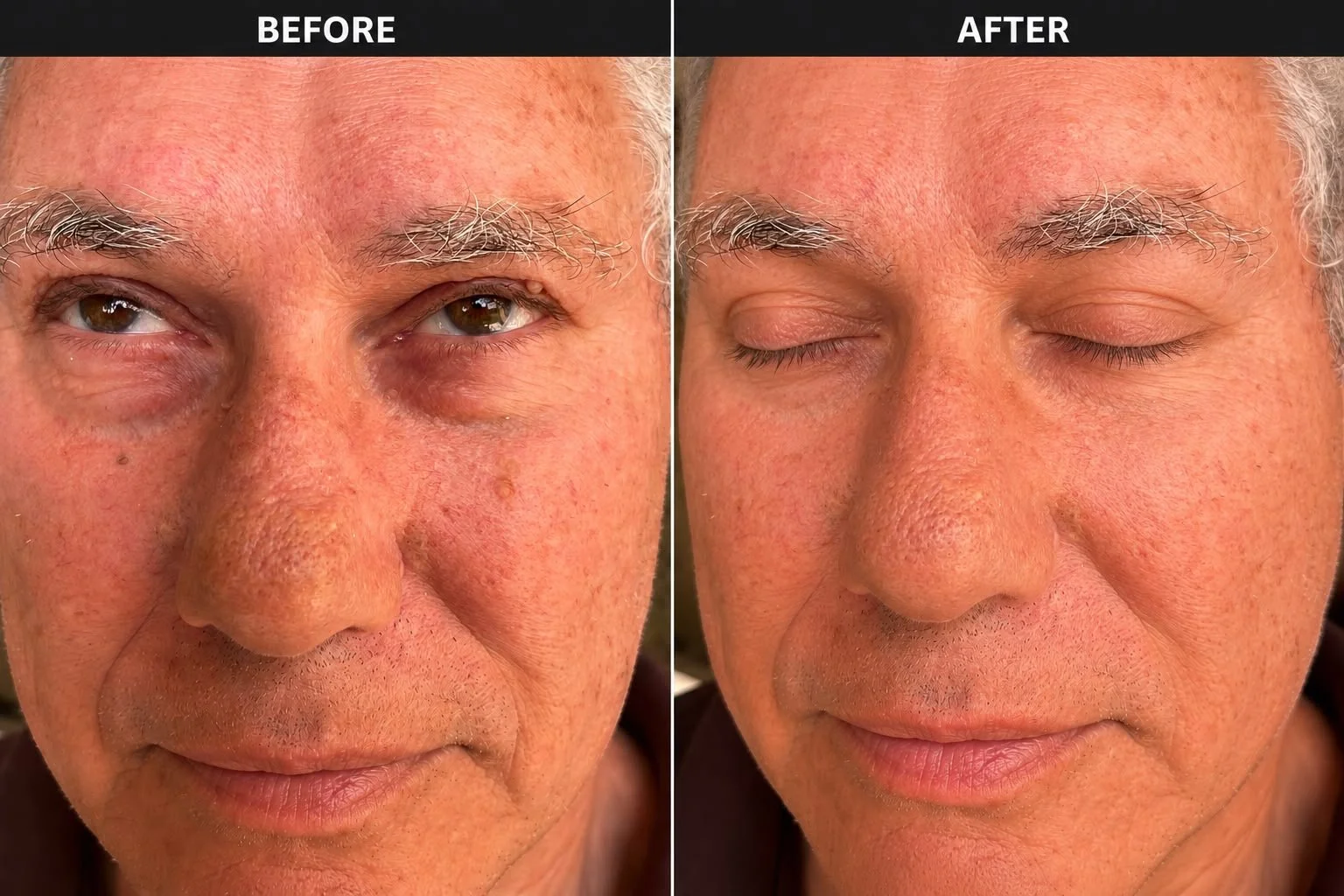 Side-by-side comparison of a man's face showing skin improvement; left side labeled 'Before' with visible redness, pores, and under-eye puffiness, right side labeled 'After' with clearer, more even skin and no puffiness.