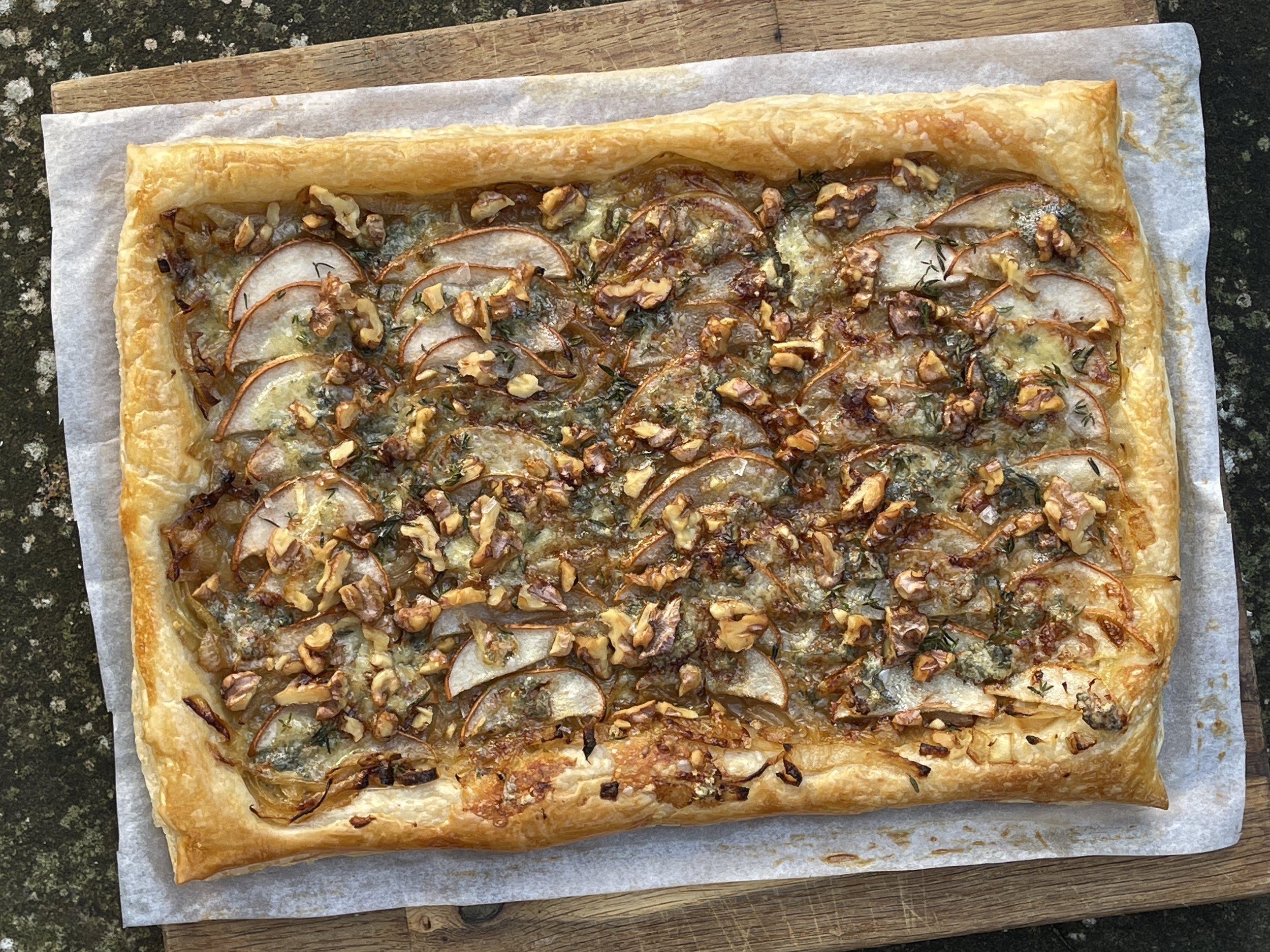 PEAR, CARAMELIZED ONION, WALNUT & STILTON TART 