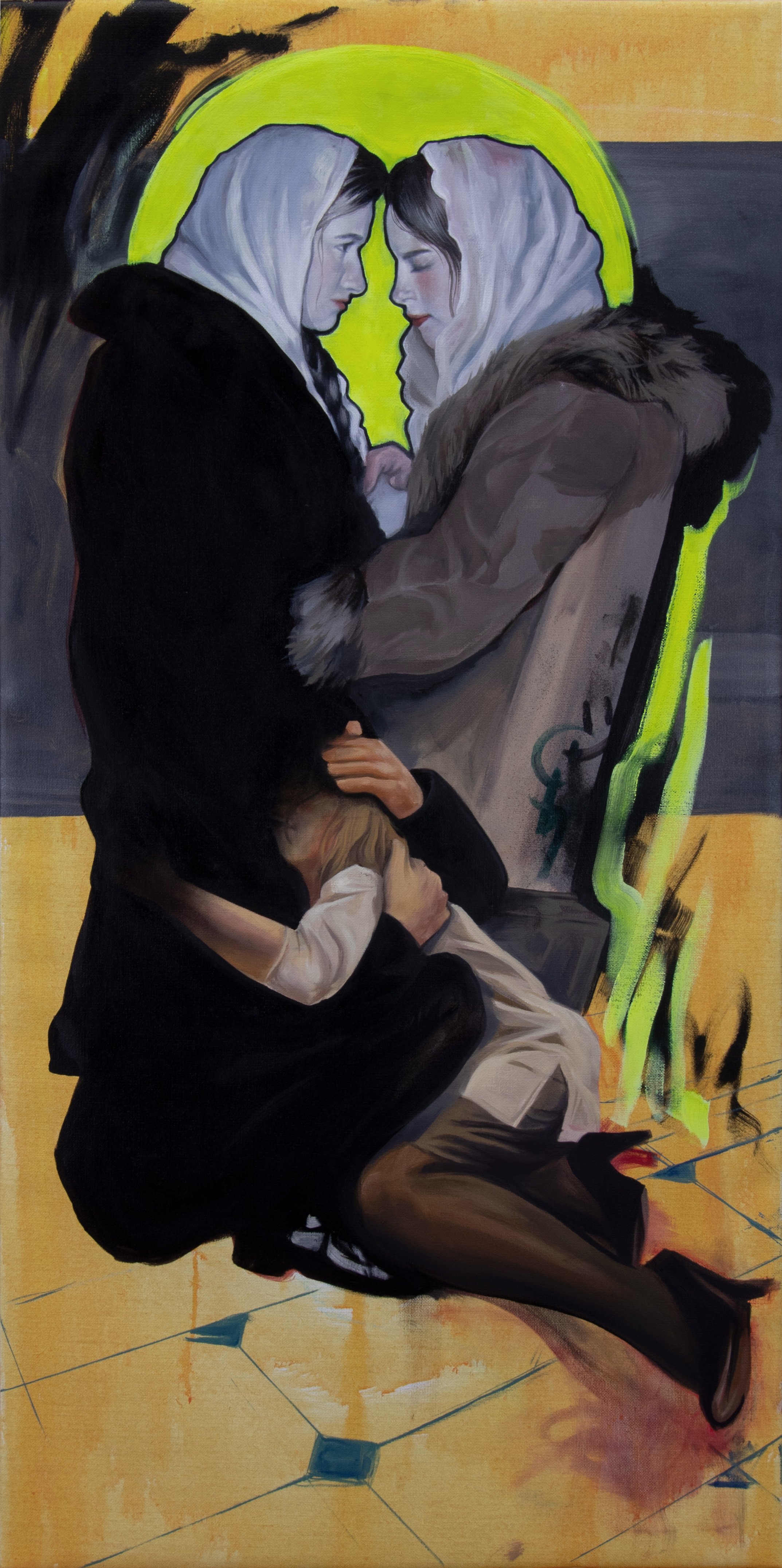 "Love Binds"
48 x 24 in, Oil on canvas
Acquired

Love Binds is a defining work in my practice, marking a turning point toward figurative painting. Created on a canvas stretched by someone who had caused me deep harm, it became an act of confrontation