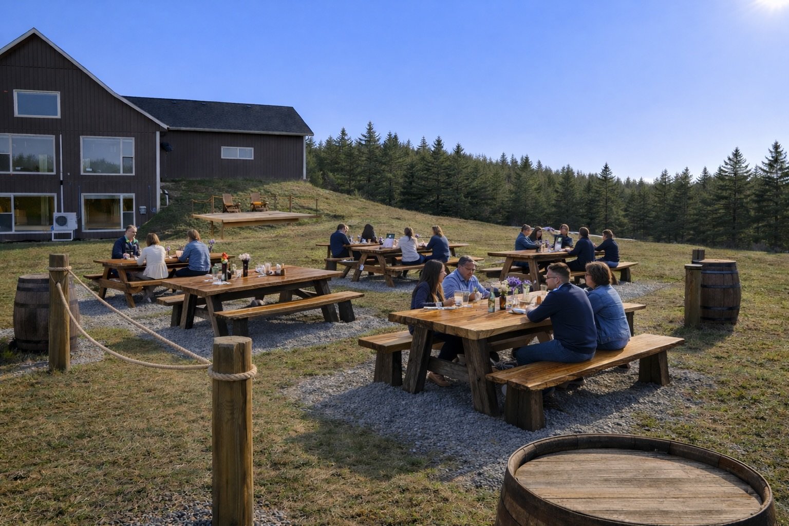 People dining at outdoor wooden picnic tables on a grassy area with a black building and forested hills in the background.