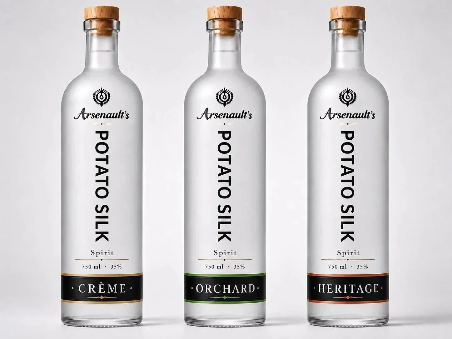Three bottles of Arsenault's Potato Silk Spirit, labeled as Creme, Orchard, and Heritage, standing side by side against a plain white background.