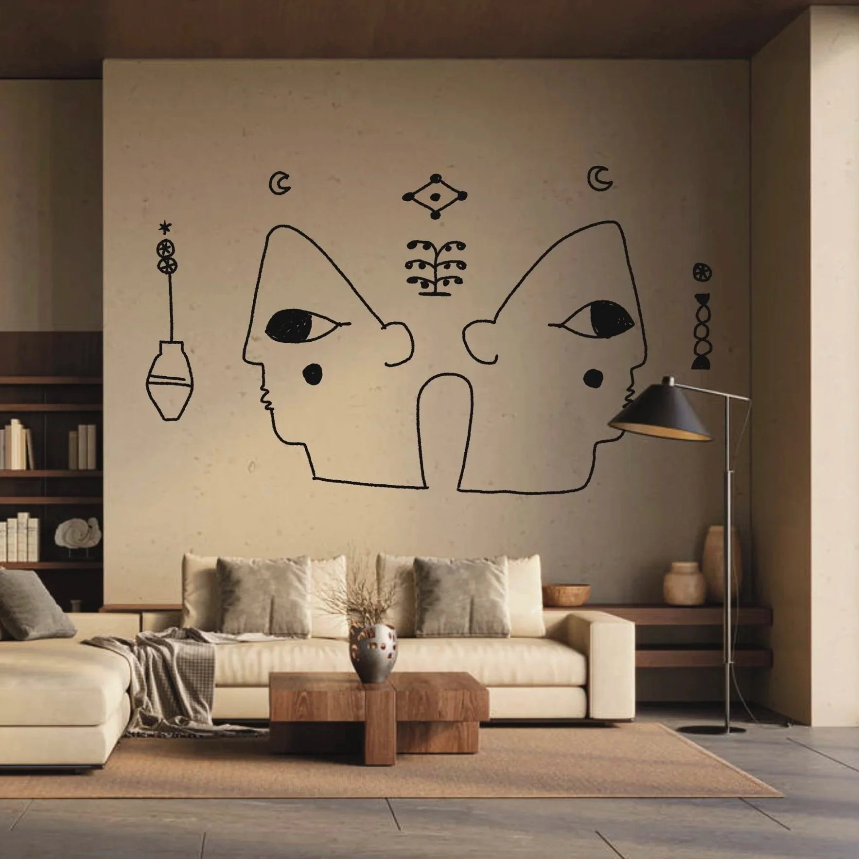 Living room with a beige sofa, a wooden coffee table with a vase, and a large wall art piece featuring a black line drawing of two faces and abstract shapes.