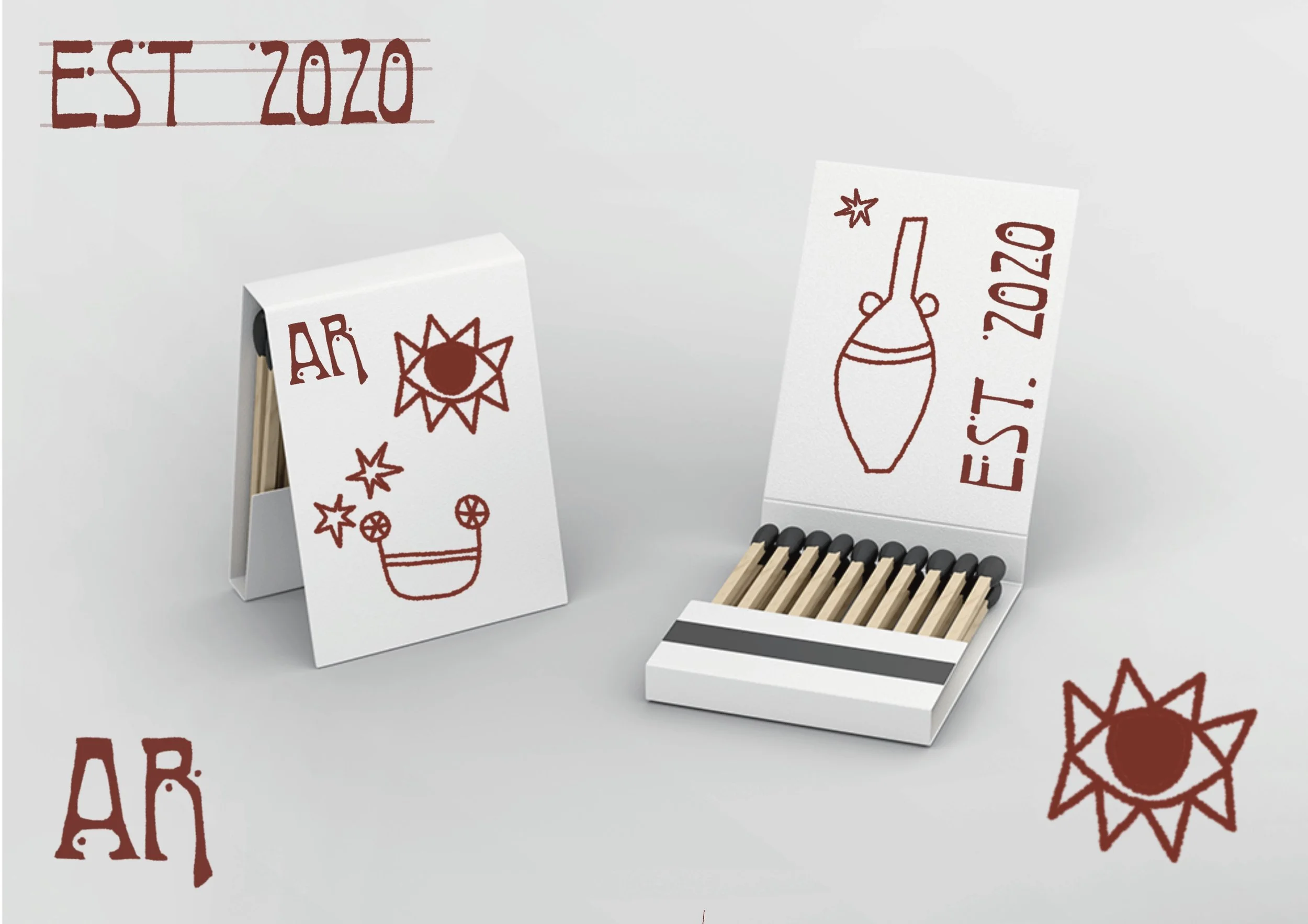 Set of matches with decorative drawings and text, including 'EST 2020', a sun, a vase, and stars in a minimalist style.