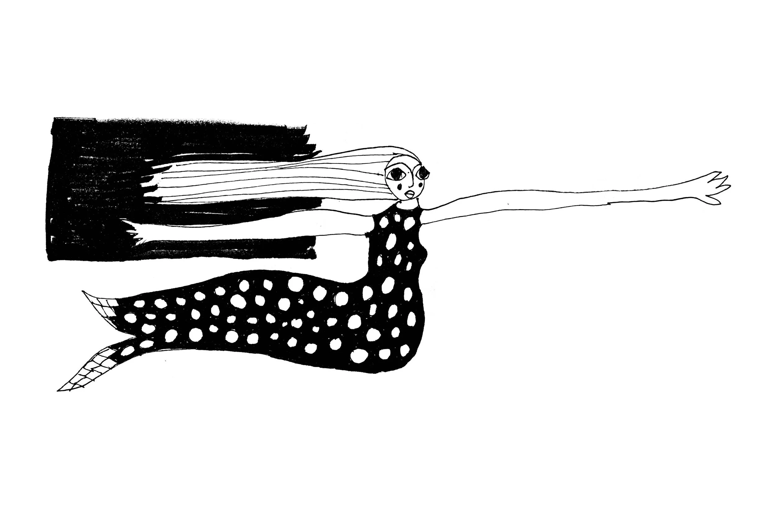 Black and white illustration of a girl with long hair, wearing a polka dot dress, extending her arms to the sides, with a dark background behind her.