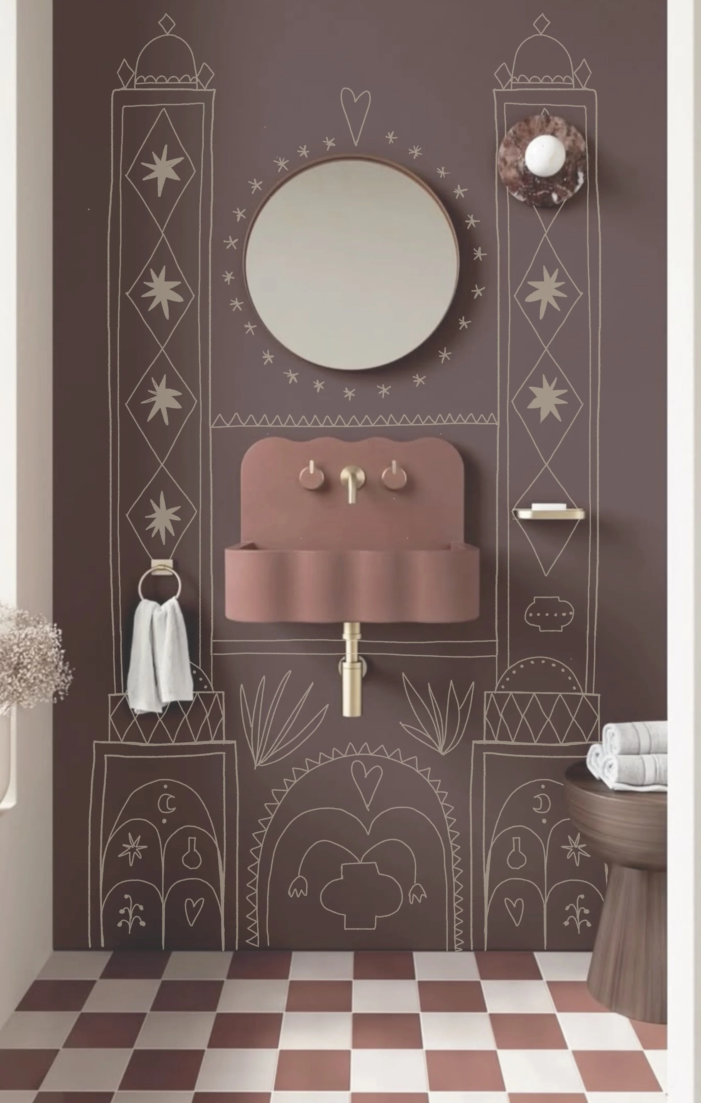 Bohemian-style bathroom with a pink sink, hanging from the wall, with wall art resembling a tattoo design around it, including a mirror, soap holder, and towel rack, with a checkered tile floor.