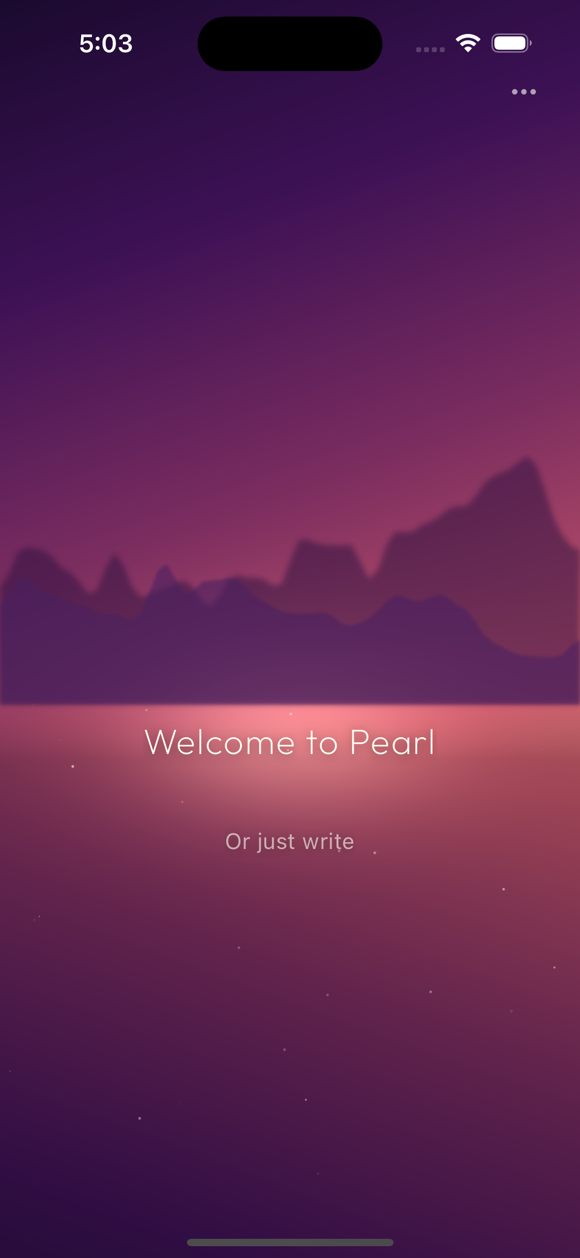 Smartphone home screen with the message 'Welcome to Pearl' and a background of purple mountains and a starry sky.