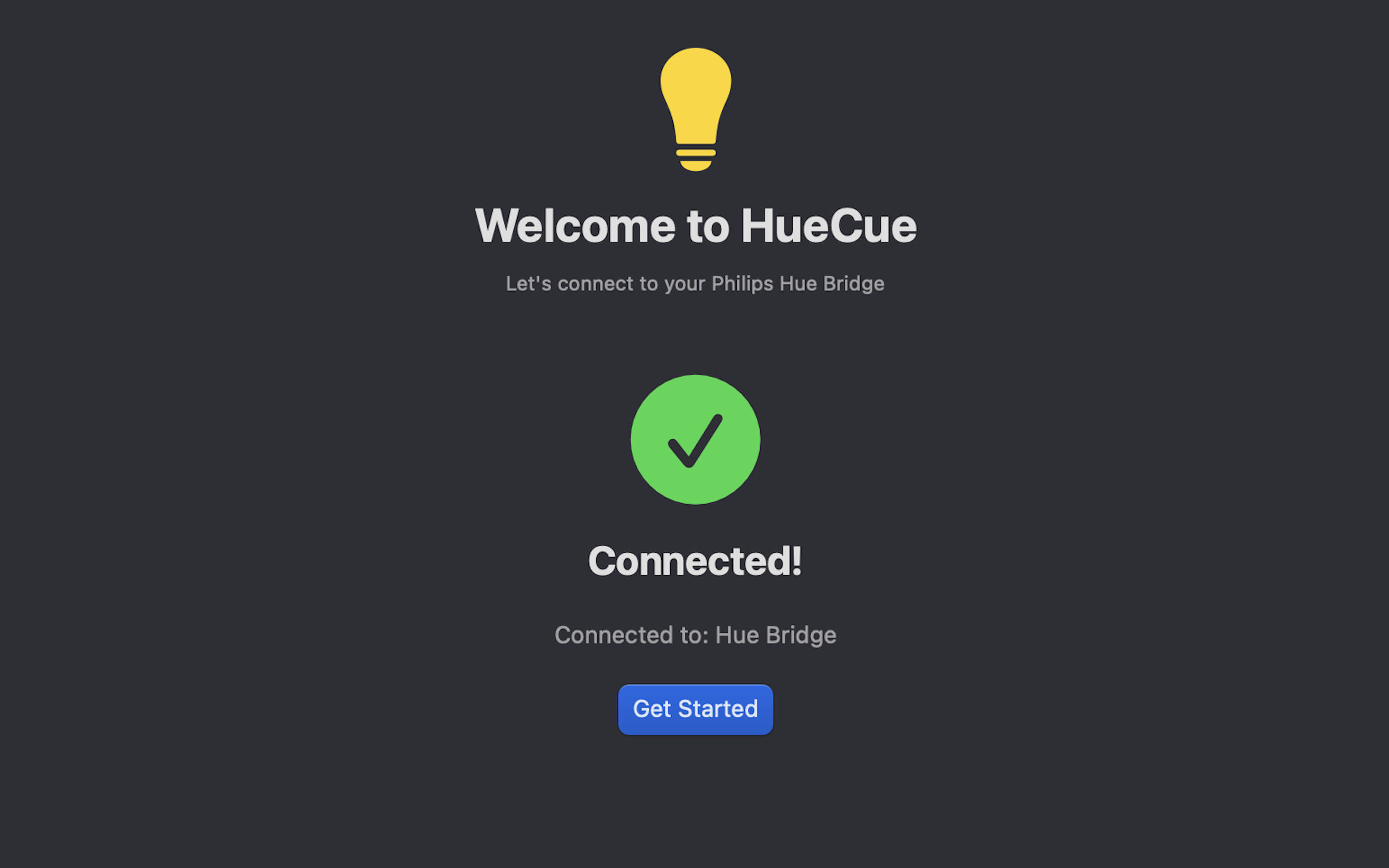 screenshot of hue cue welcome screen