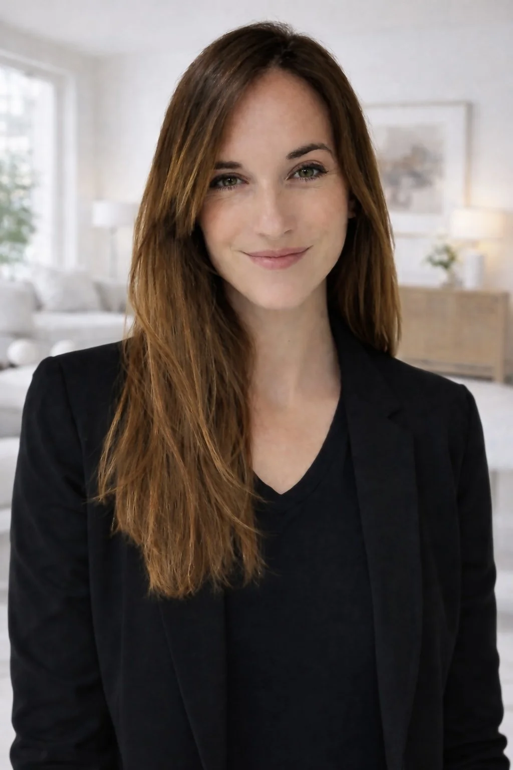 A woman with long red hair and green eyes smiling, wearing a black blazer and shirt in a bright, modern living room with white walls and furniture.