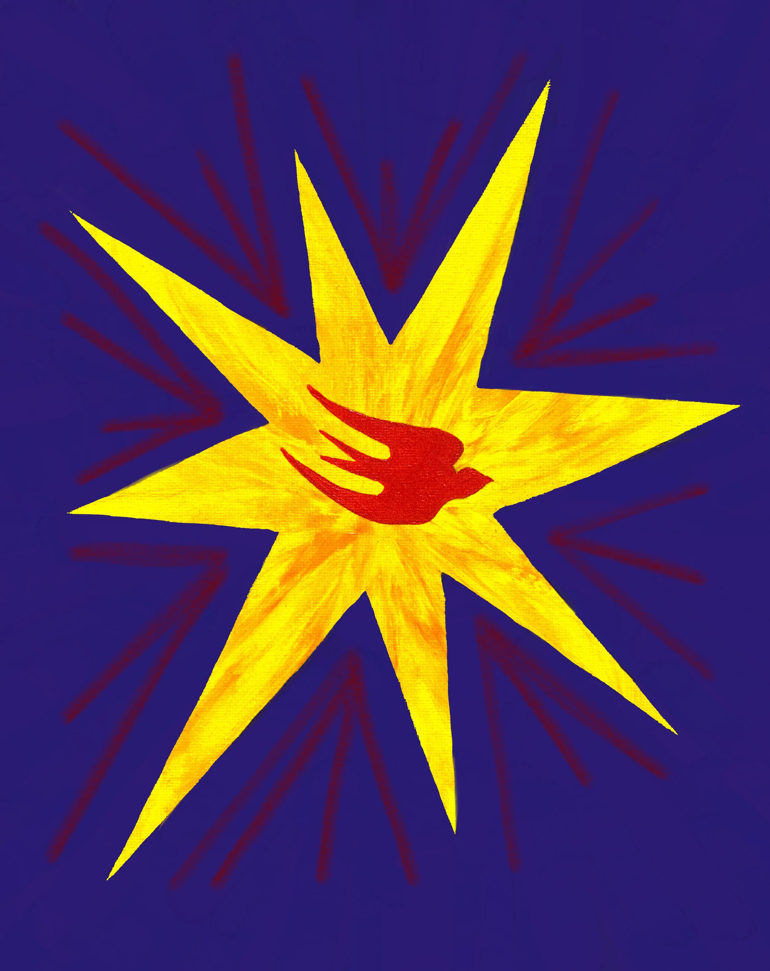 A stylized yellow star with a red bird in the center against a blue background, with red lines radiating outward.