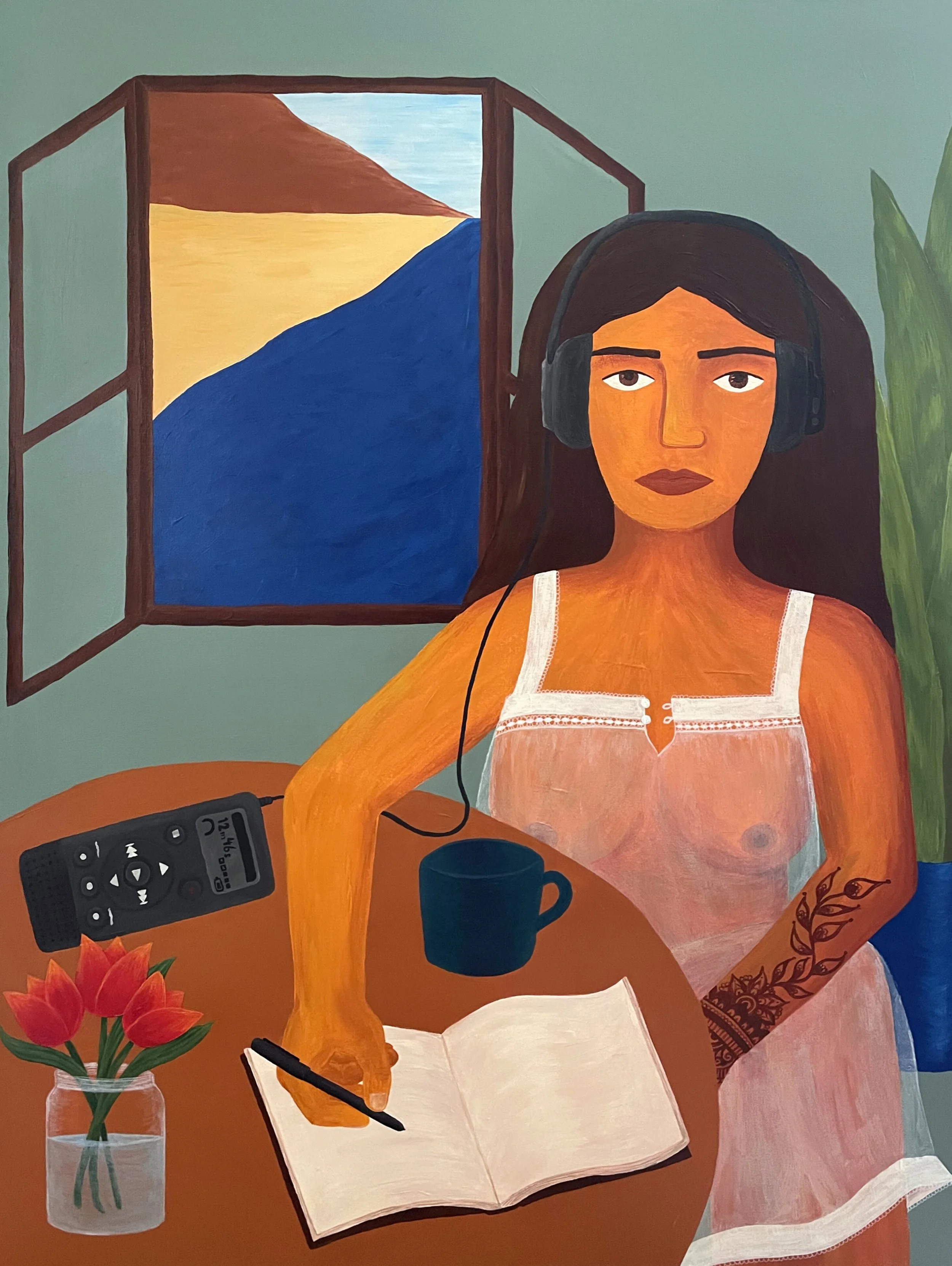 A painting of a woman with dark hair and skin sitting at a table by a window with a landscape view of blue water, yellow land, and a red mountain. She is wearing a light pink dress with white straps and headphones, holding a pen over an open notebook. There is a blue mug, a small vase with red flowers, and a digital voice recorder on the table.