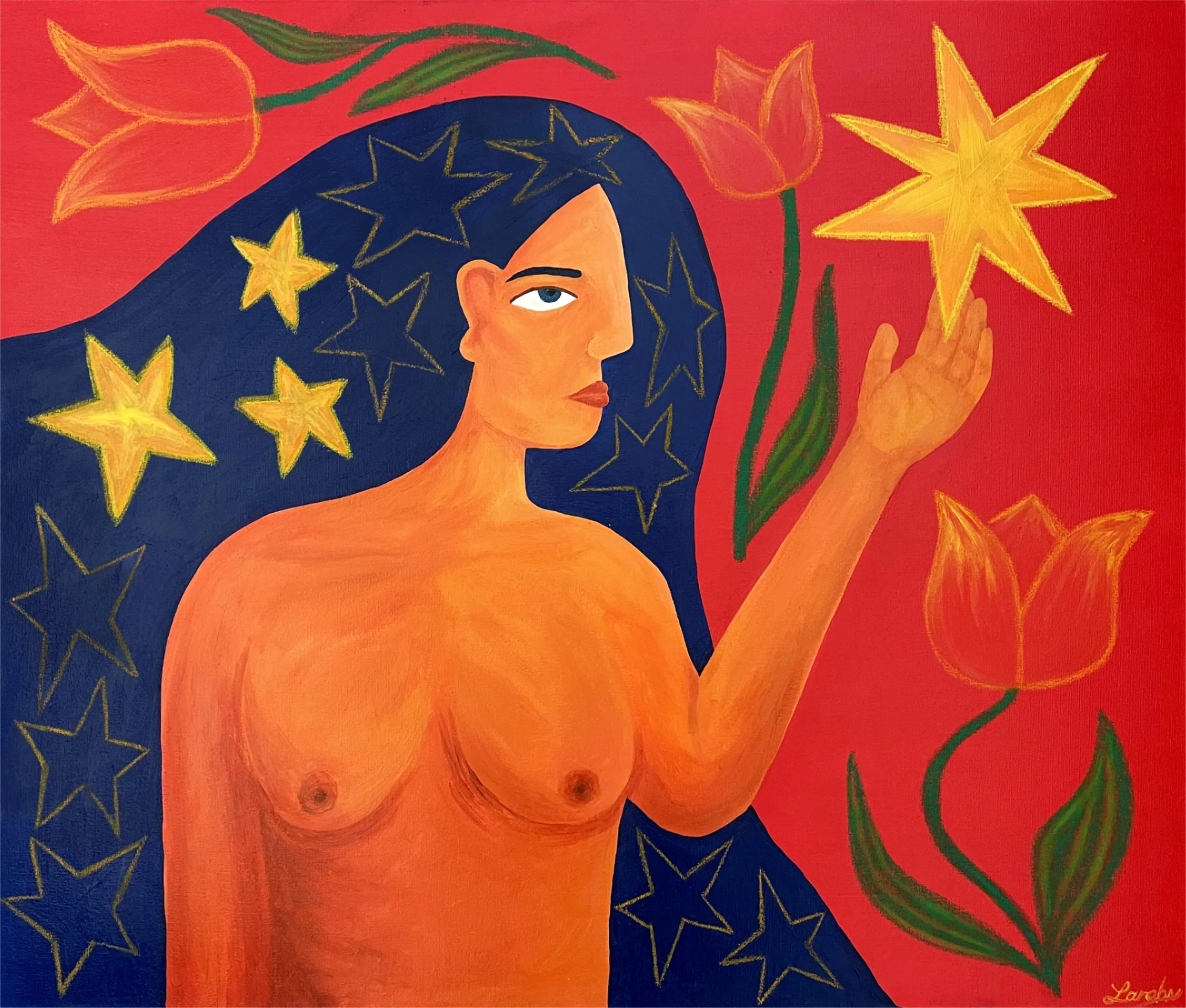 A colorful painting of a topless woman with dark blue hair decorated with yellow stars, holding a glowing yellow star in her hand. The background features red with orange and yellow flowers and green leaves.