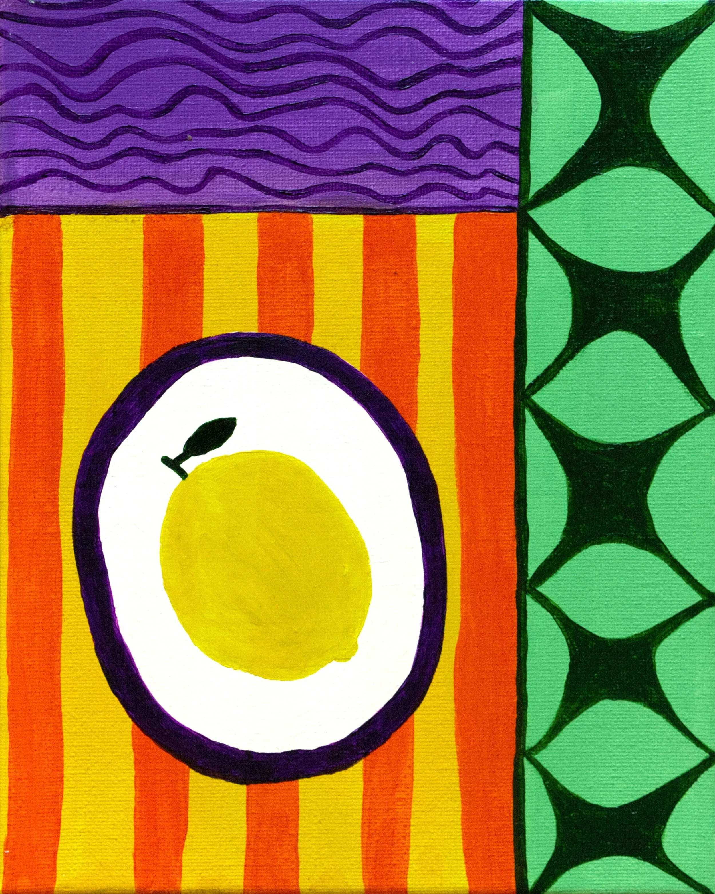 A colorful abstract painting with divided sections featuring different patterns, including purple wavy lines, green geometric shapes, and vertical orange and yellow stripes with a lemon in the center.