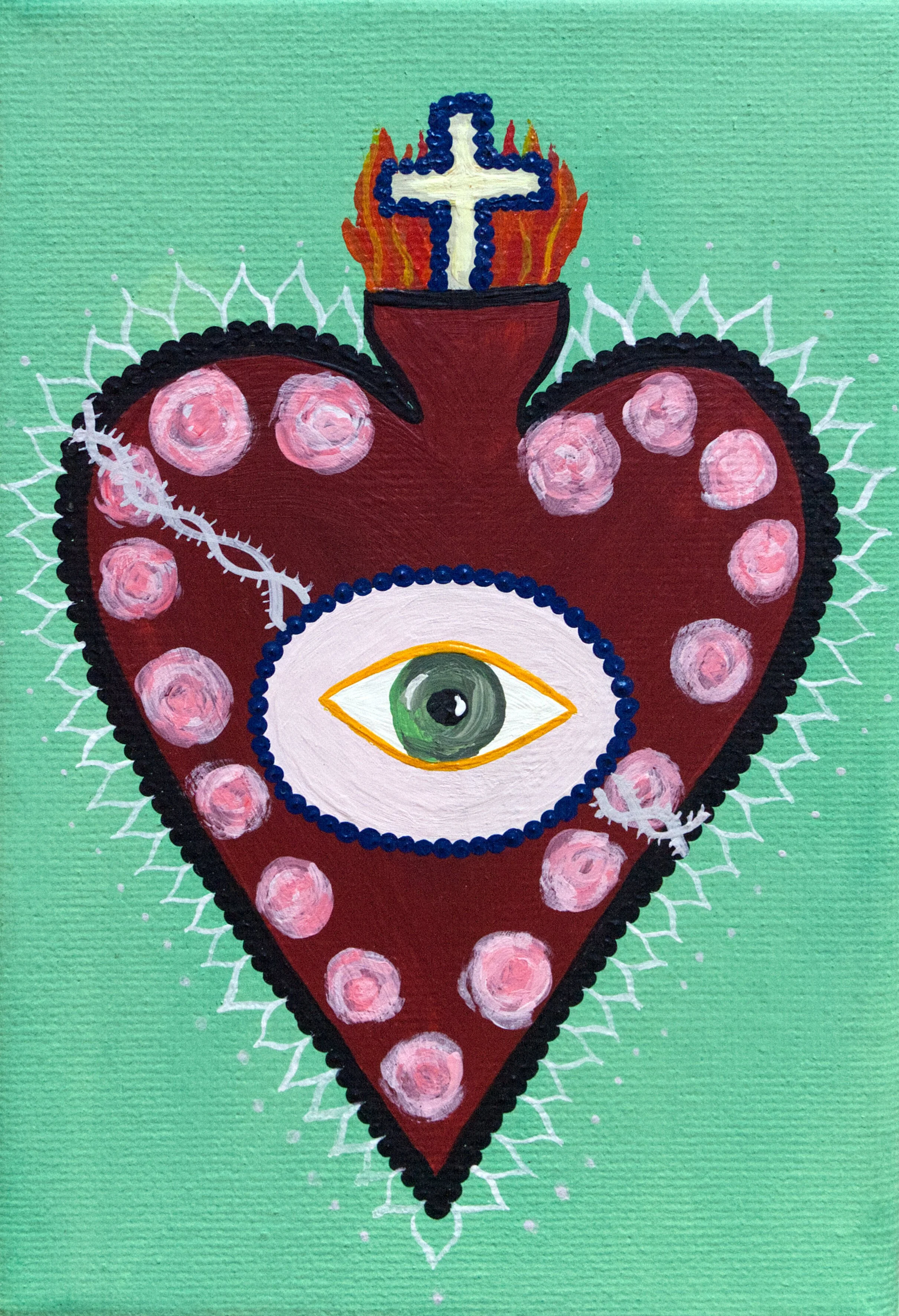 A painting of a red heart with an eye in the center, surrounded by pink dots, a flame with a cross on top at the top of the heart, and white decorative details on a green background.