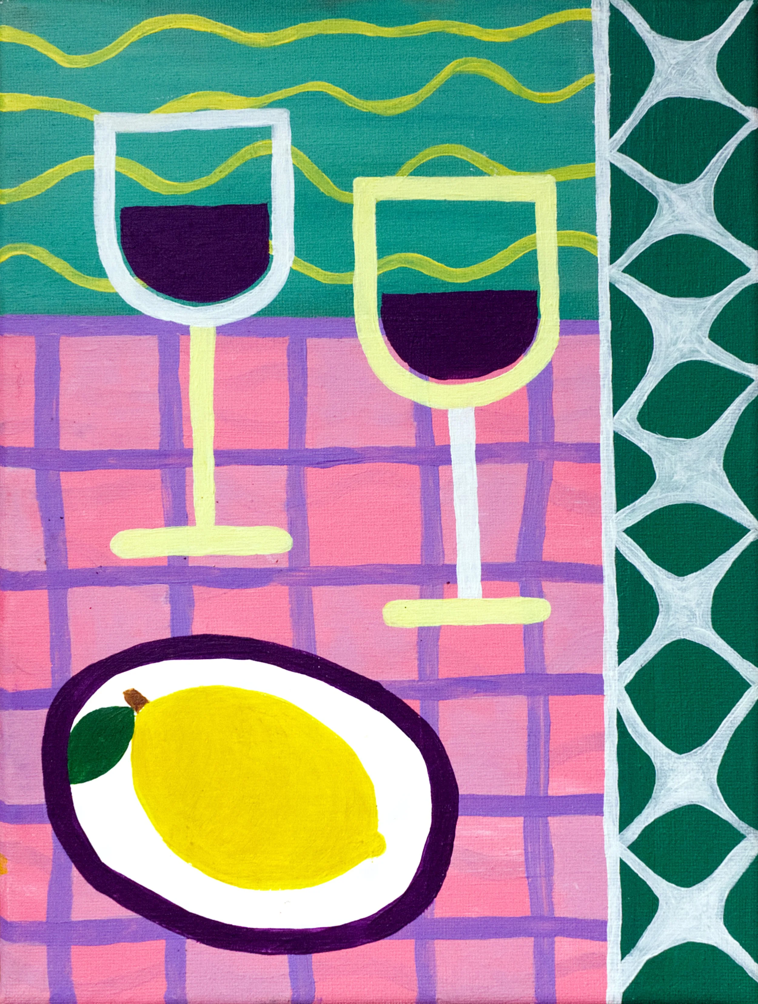 Stylized painting of two glasses of red wine and a lemon on a checkered pink and purple tablecloth, with green and yellow background and geometric patterns on the side.