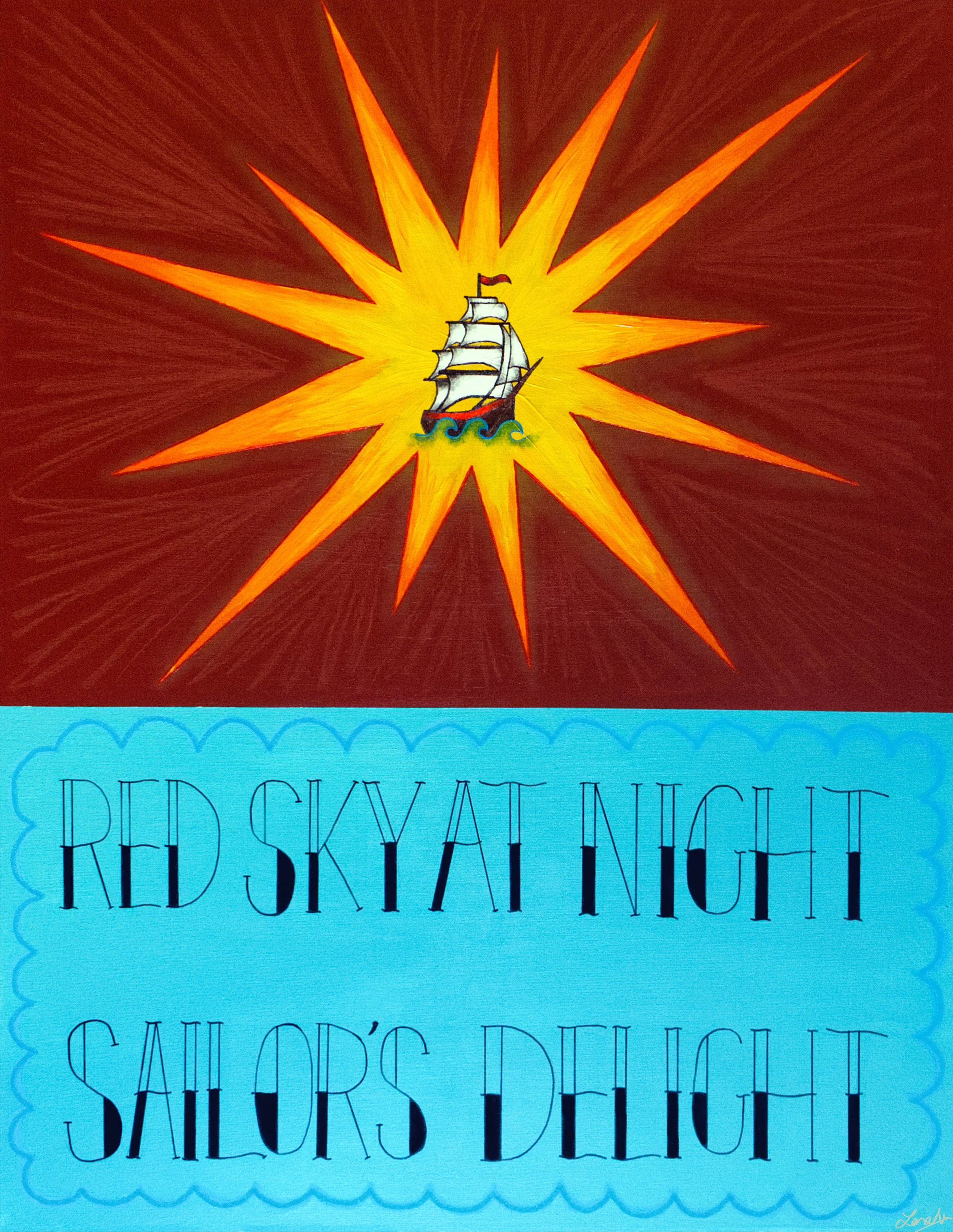 Illustration of a ship sailing on water, surrounded by a bright yellow starburst on a reddish background, with text that reads 'Red Sky at Night Sailor's Delight' on a light blue background.