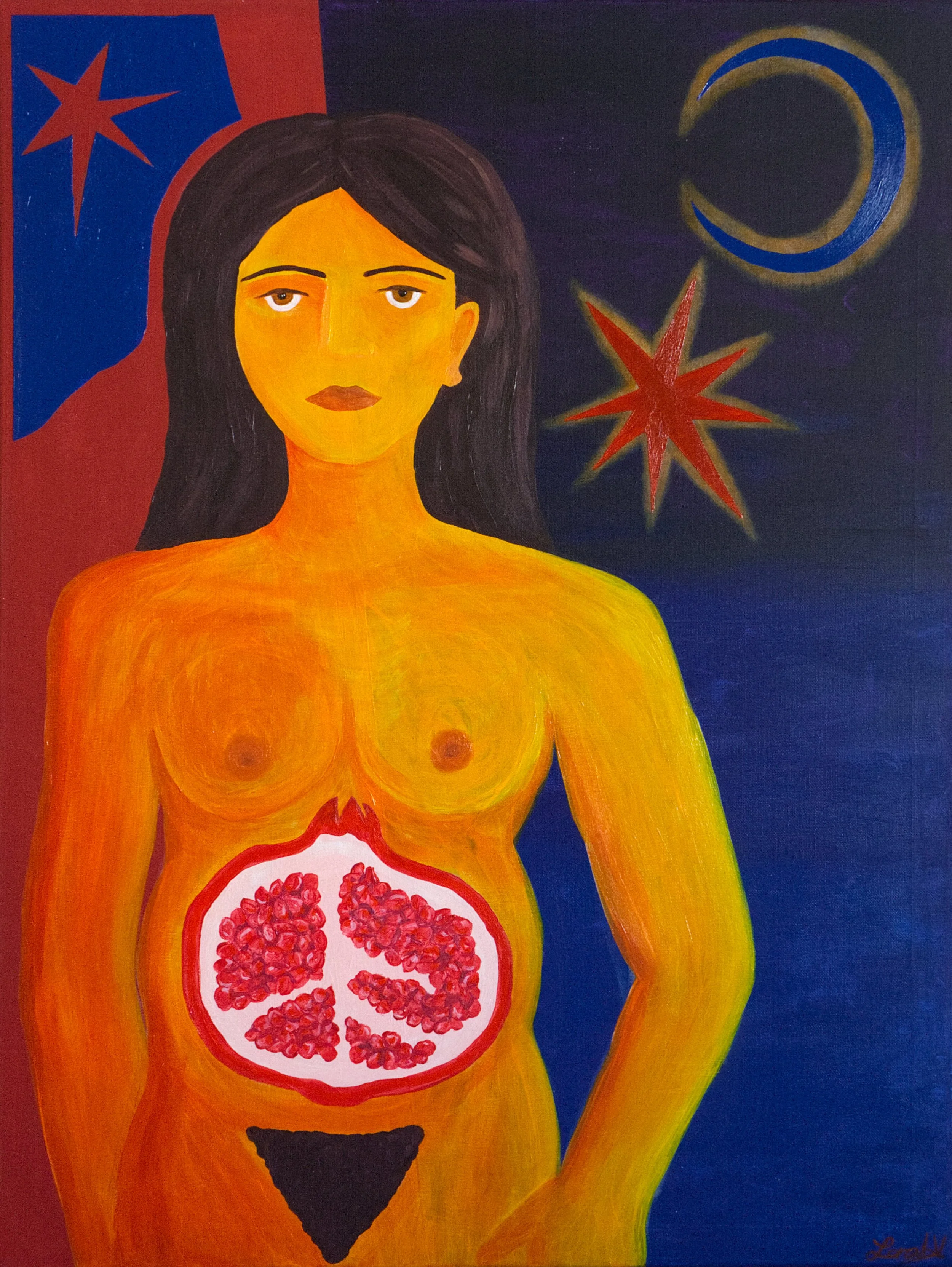A painting of a topless woman with long dark hair, and a pomegranate seed pattern within her abdomen. The background features a stylized flag with a star and a crescent moon, and the night sky with stars.