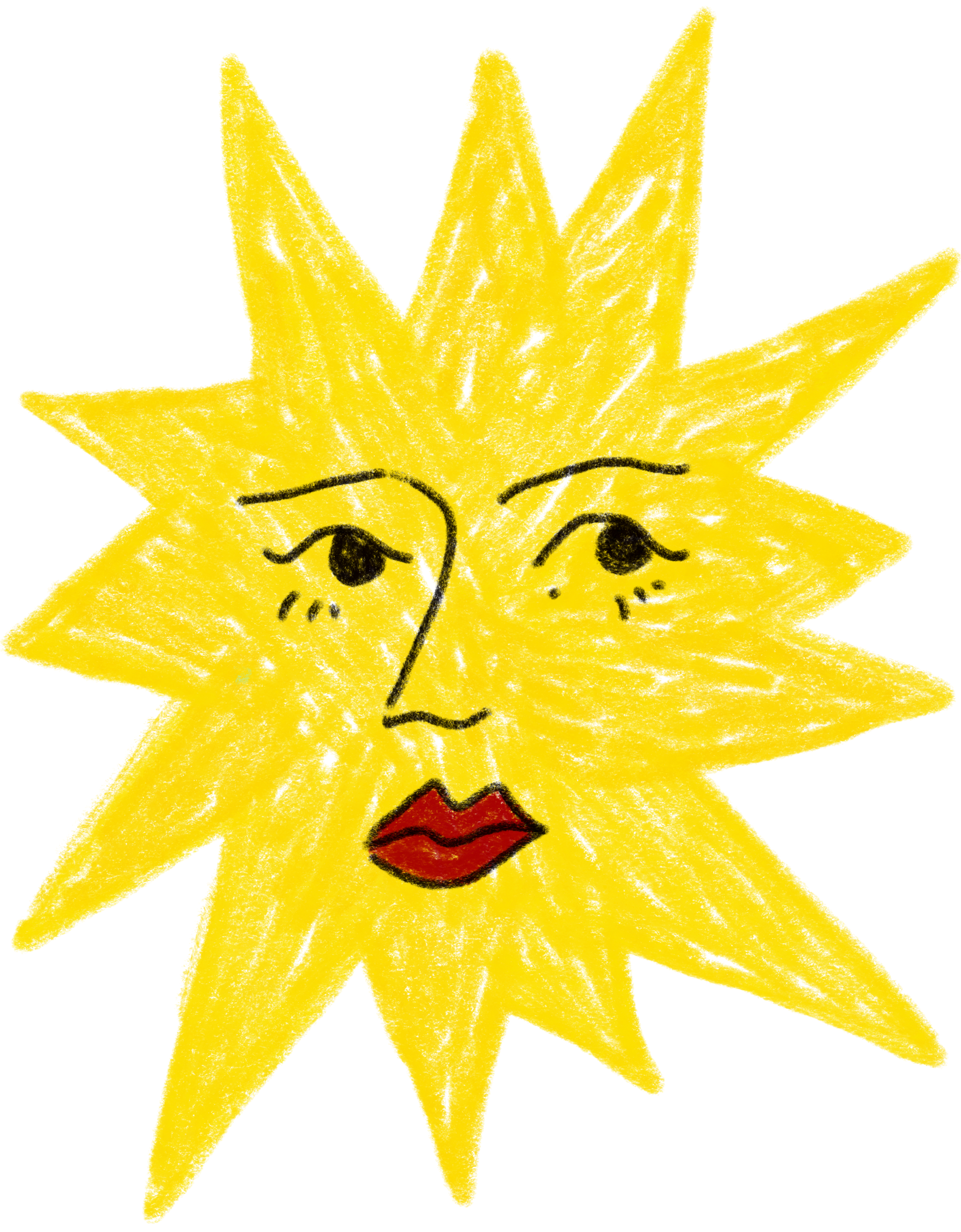 Drawing of a yellow sun with a human face, including eyes, eyebrows, nose, and red lips, on a black background.