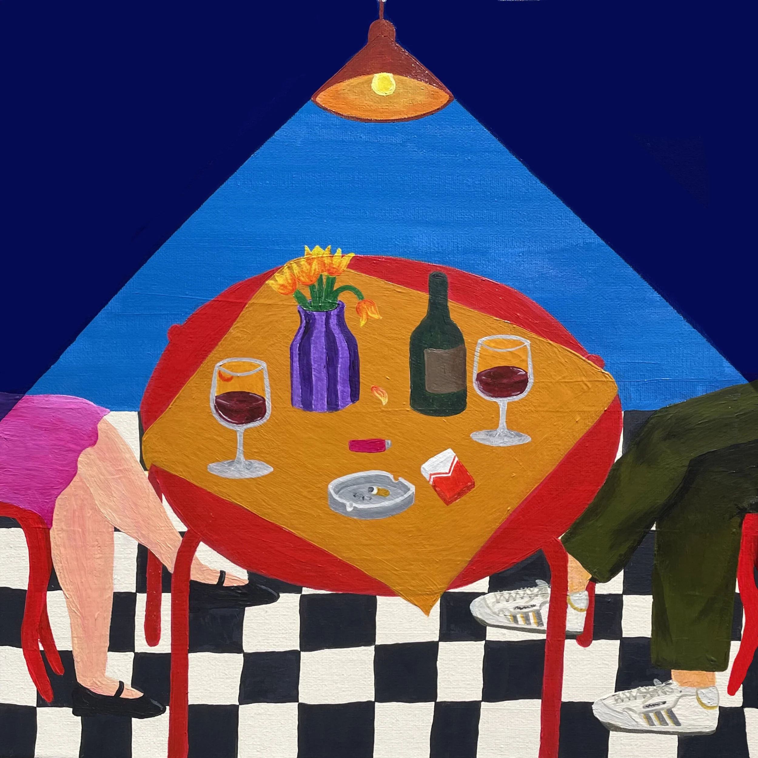 Painting of a table with wine glasses, a wine bottle, a purple vase with yellow flowers, and a pack of cigarettes, under a hanging lamp with a blue background.