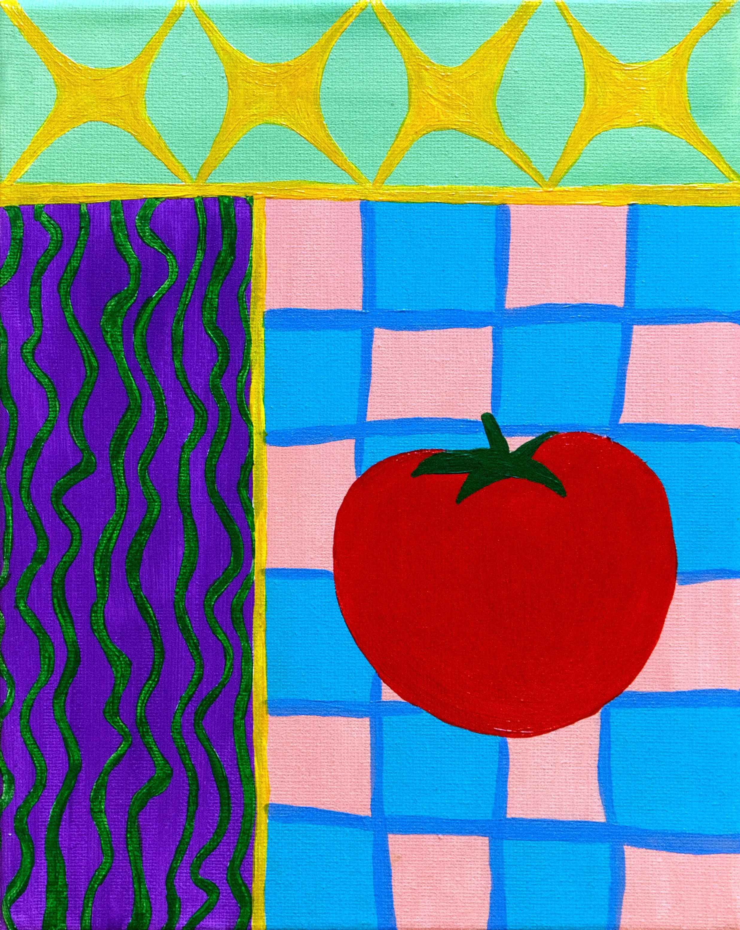 A colorful painting with three patterned sections: yellow star-like shapes on a turquoise background at the top, green and purple vertical wavy lines on a purple background on the left, and a blue and pink checkered pattern on the right featuring a red tomato with green leaves in the center.