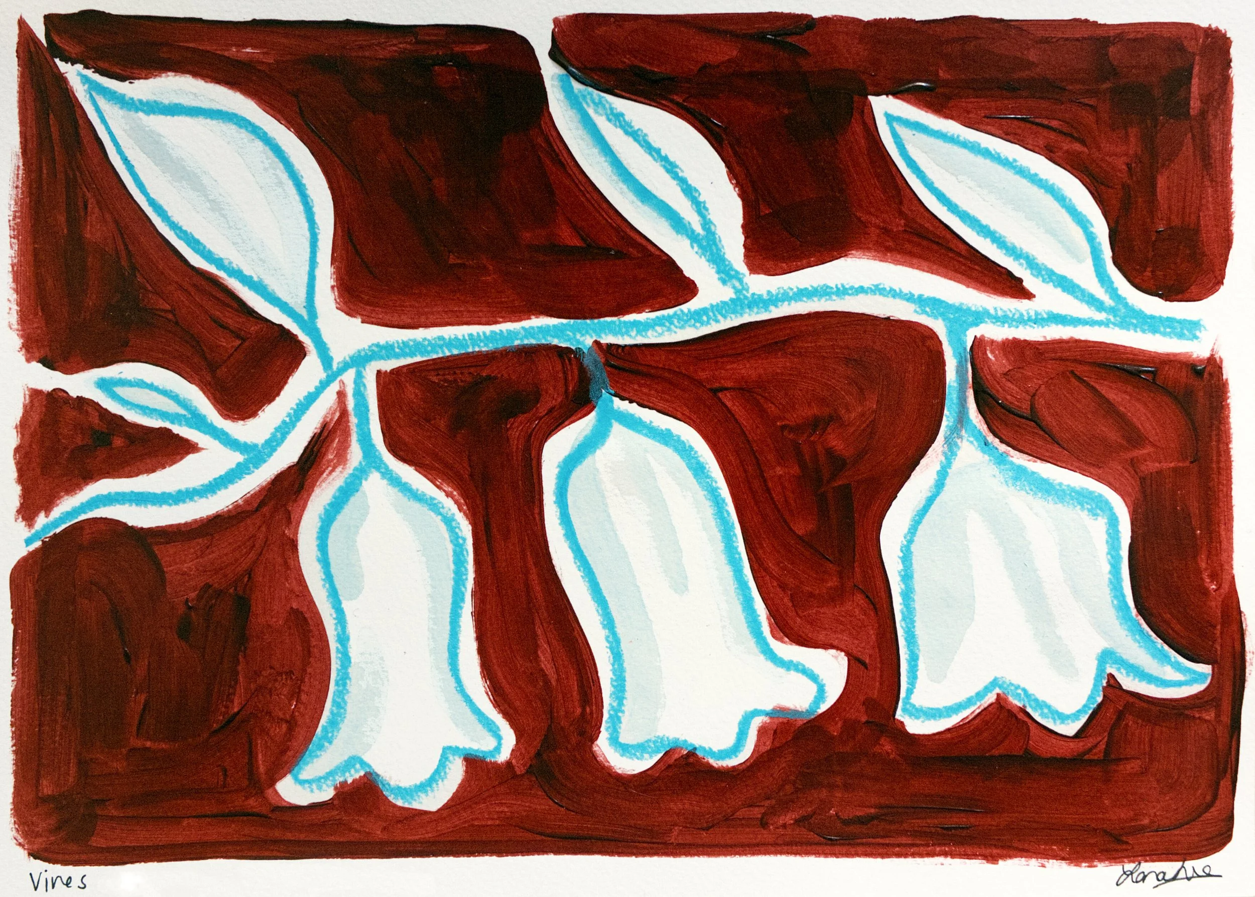 Abstract painting featuring white bell-shaped flowers outlined in blue against a dark red background with blue stems and branches.