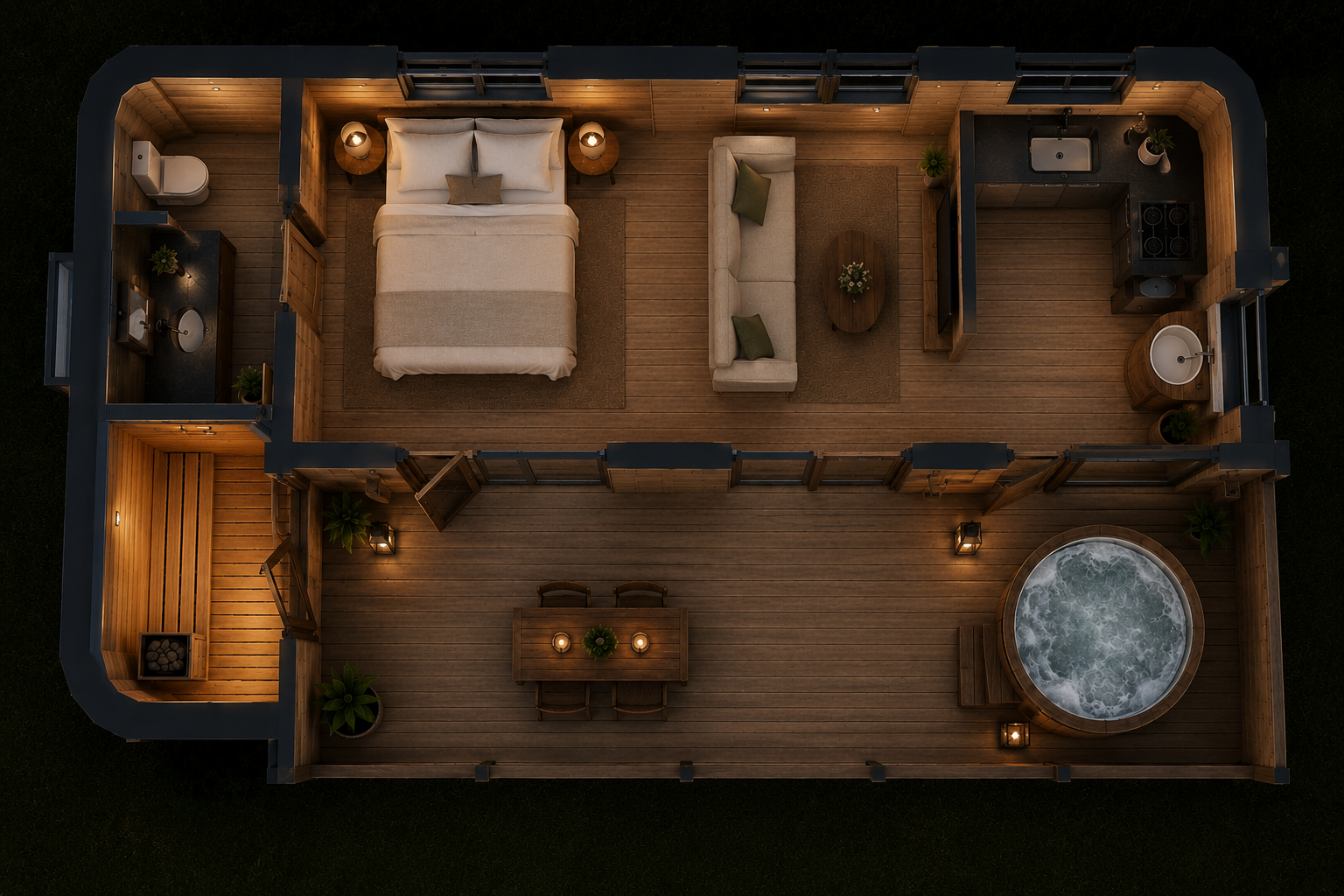 Top-down view of a cozy, well-lit wooden cabin interior with a bedroom, living area, bathroom, and outdoor hot tub.