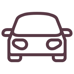 Outline of a front view of a car with headlights and side mirrors