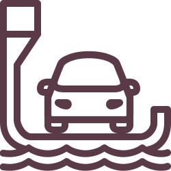 Outline of an electric vehicle charging station with a car plugged into it, surrounded by water waves.