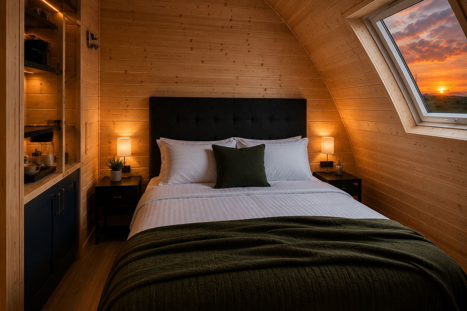 Cozy bedroom with wood-paneled walls, large bed with white linens and a green accent pillow, black headboard, two small nightstands with lamps, on the right a large skylight window showing a sunset with clouds and trees outside.