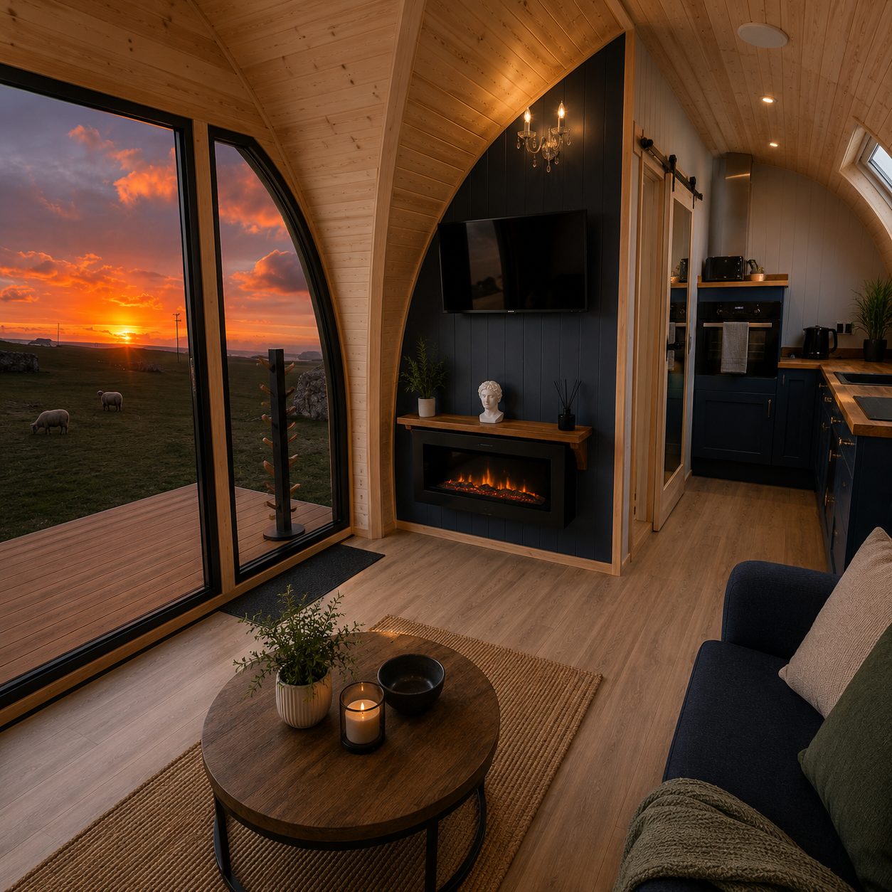 Interior view of a cozy cabin room with a wood-paneled ceiling, fireplace, mounted TV, and large glass sliding doors showing a sunset over a field with sheep.
