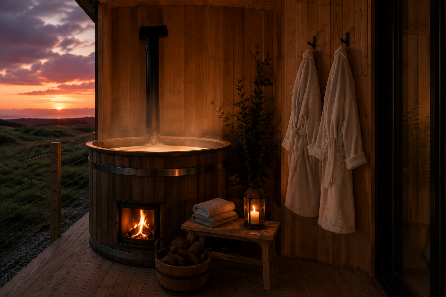An outdoor spa area with a hot tub on a wooden deck, a small table holding folded towels and a lit candle, two white bathrobes hanging on hooks, and a candle in a lantern. The scene is at sunset with a view of the grassy landscape and a colorful sky.