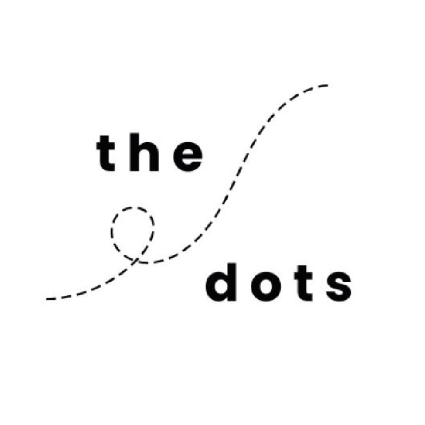 The image shows the words "the dots" with a dotted, dashed line forming a whimsical, swirling path around the words.