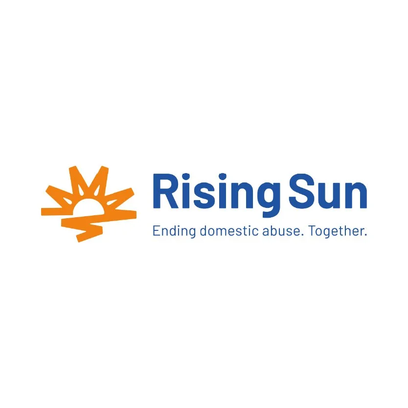 Rising Sun logo with a stylized orange sun and rays, and the text "Rising Sun" in blue, along with the slogan "Ending domestic abuse. Together."