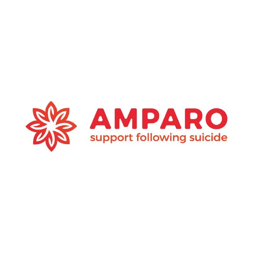 Logo for AMPARO with a red floral design and the tagline "support following suicide" in red text.