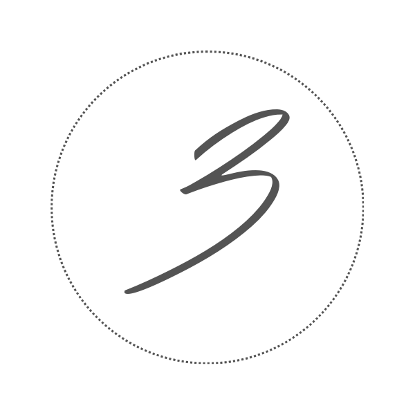 Black number three on a white background, encircled by a dotted gray line.