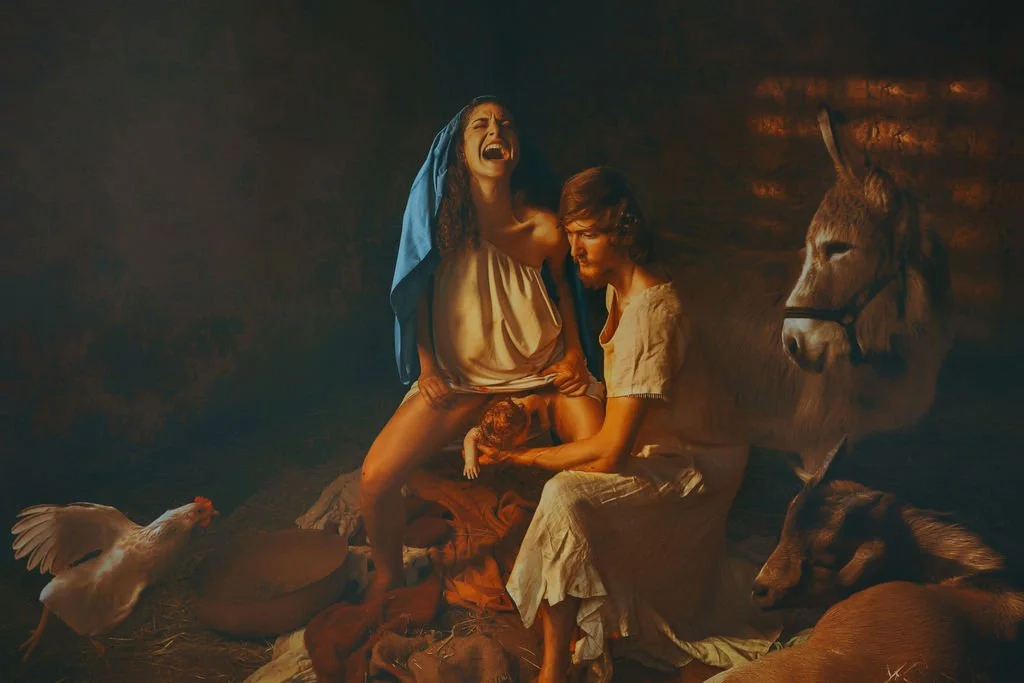 A depiction of the crucifixion of Jesus Christ with a woman mourning, surrounded by animals including a donkey, a dog, a chicken, and a pig, in a dark, somber setting.