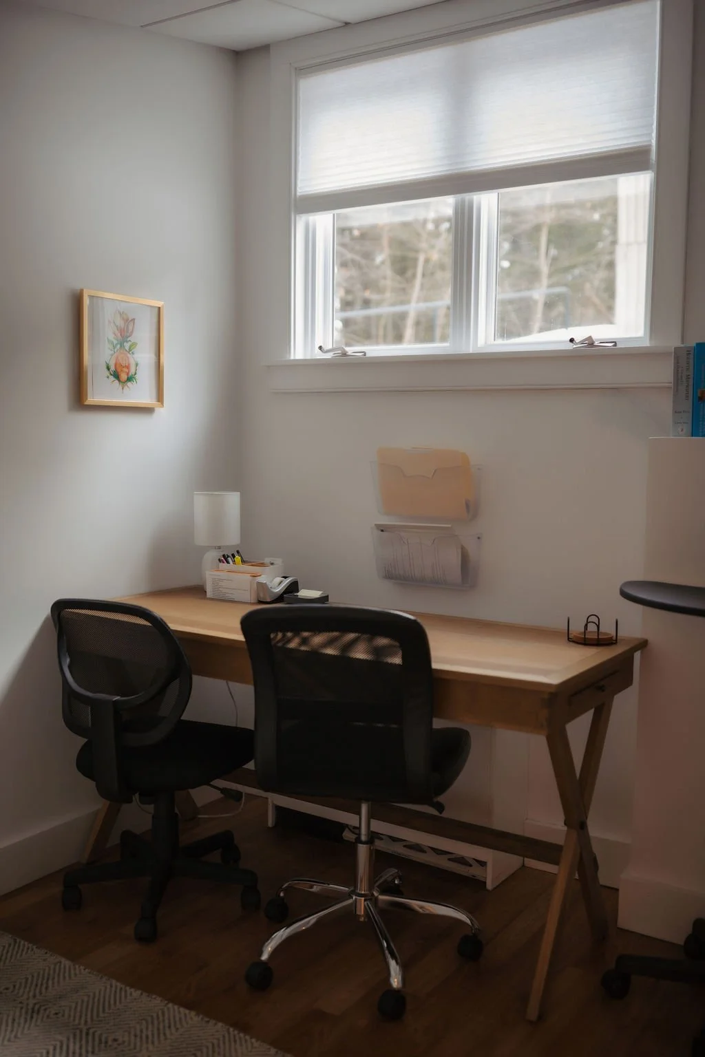 A small workspace with a wooden desk, two black office chairs, a white lamp, a tissue box, and some office supplies. A window with white blinds lets in natural light, and there's a framed botanical artwork on the wall.