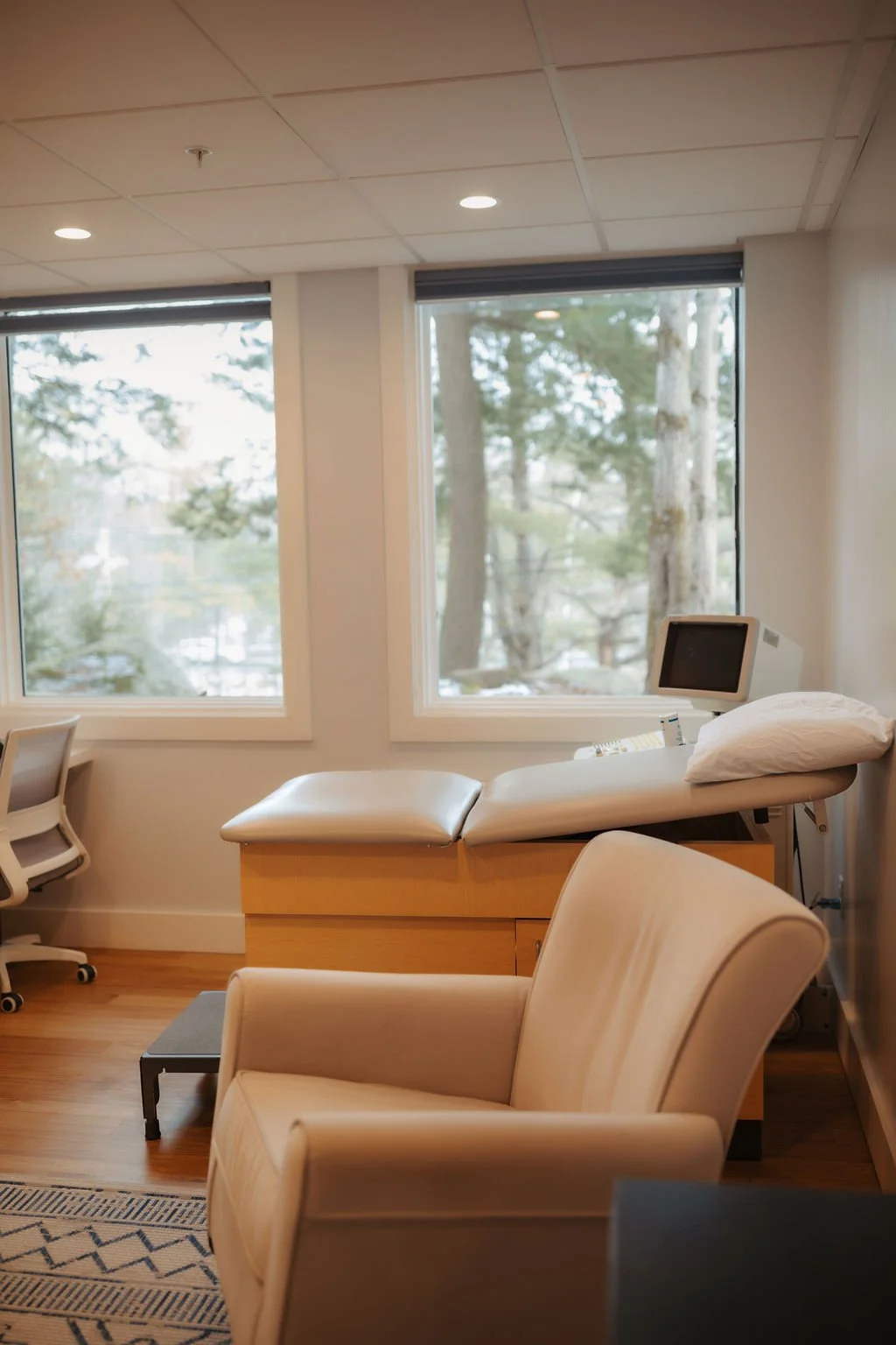 A hospital room with a bed, a pillow, a monitor, a beige armchair, a desk, and large windows showing trees outside.