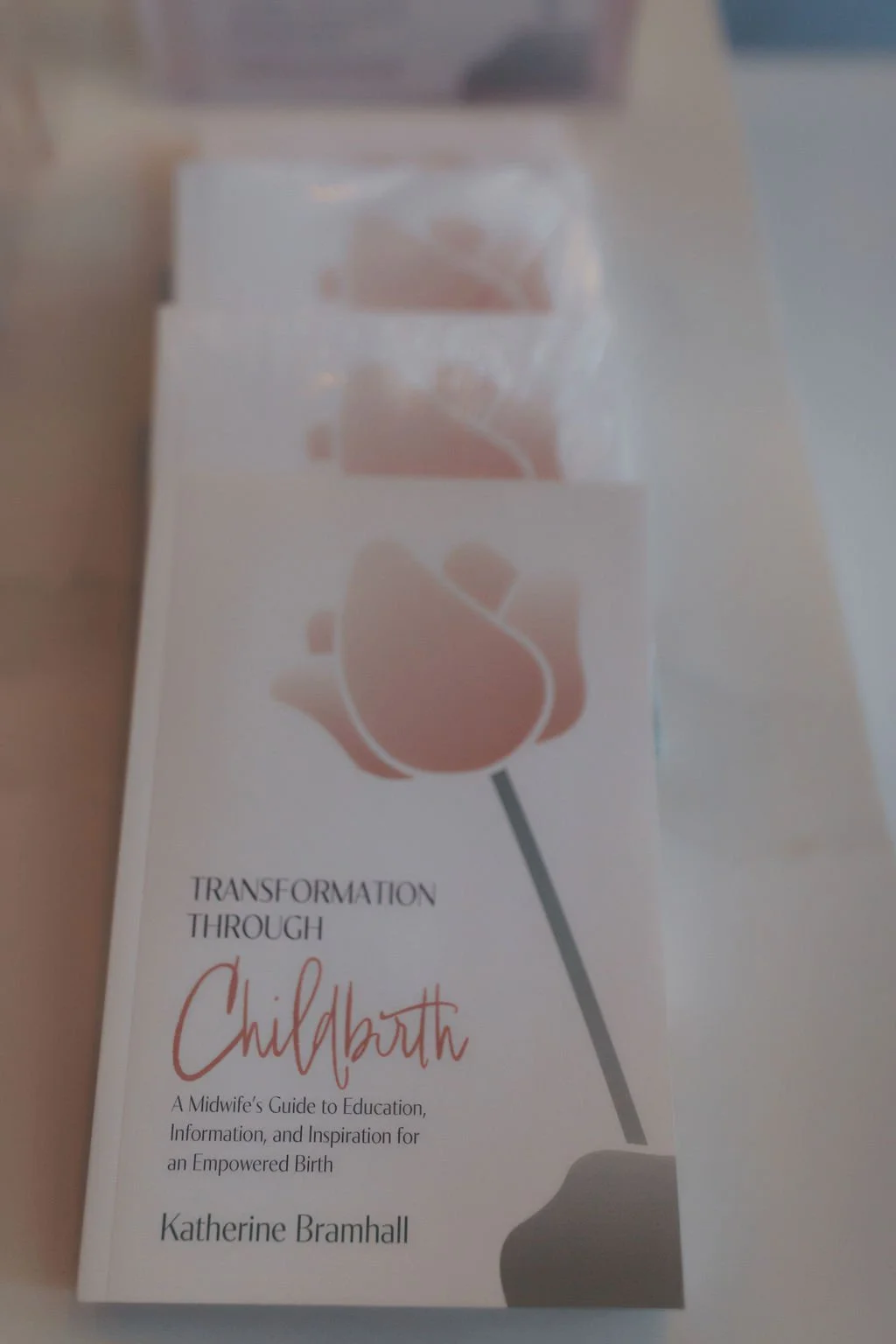 Book titled 'Transformation Through Childbirth' by Katherine Bramhall, featuring a cover with a stylized tulip flower and a stethoscope